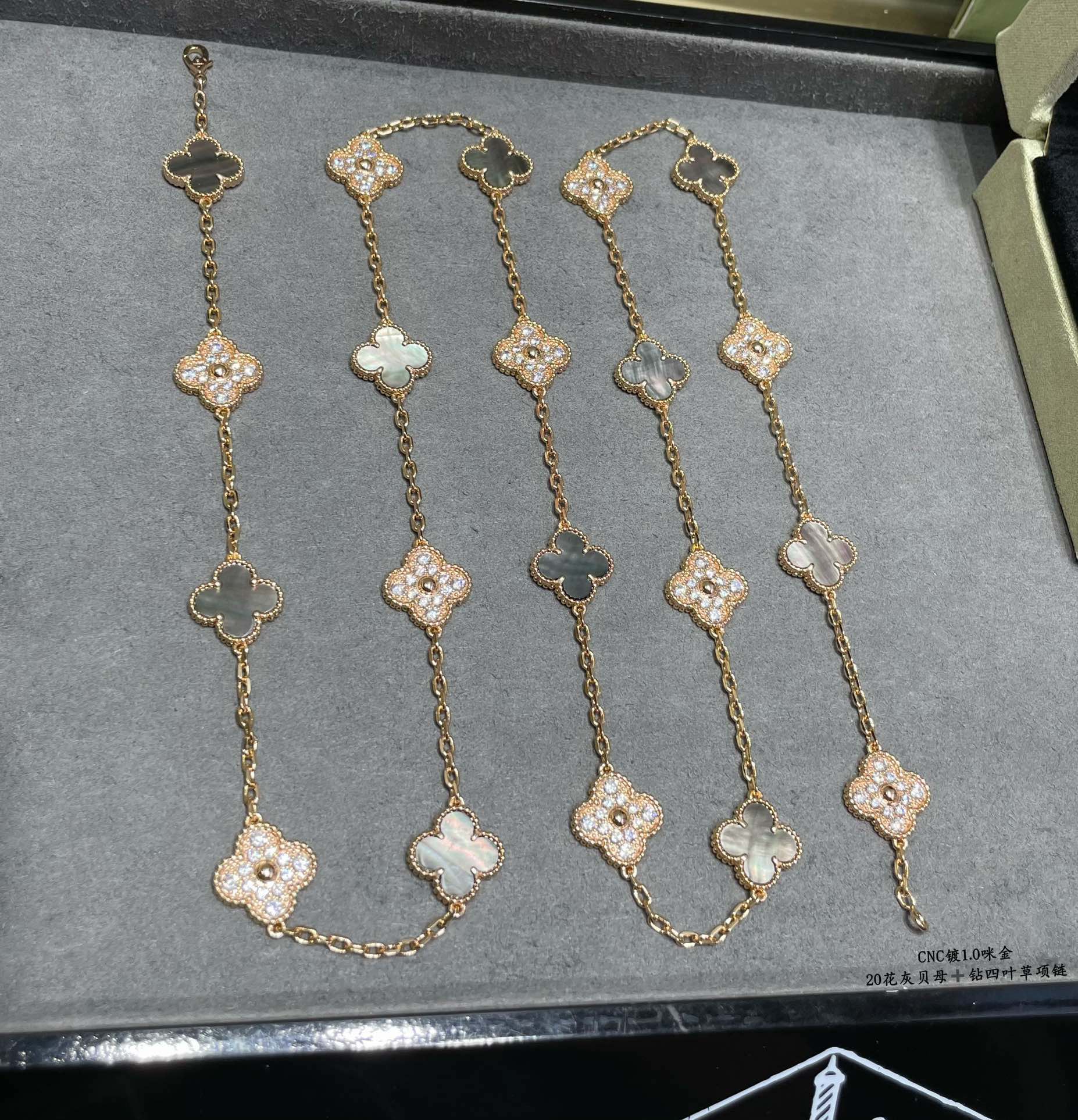 VCN038 20 Motif vca alhambra long necklace Gray mother of pearl with Diamond Rose Gold - ccjewelryacc