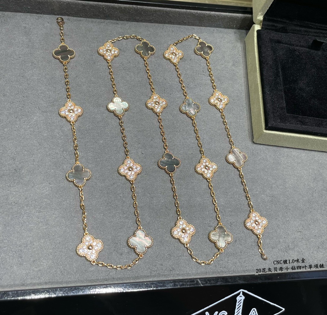 VCN038 20 Motif vca alhambra long necklace Gray mother of pearl with Diamond Rose Gold - ccjewelryacc