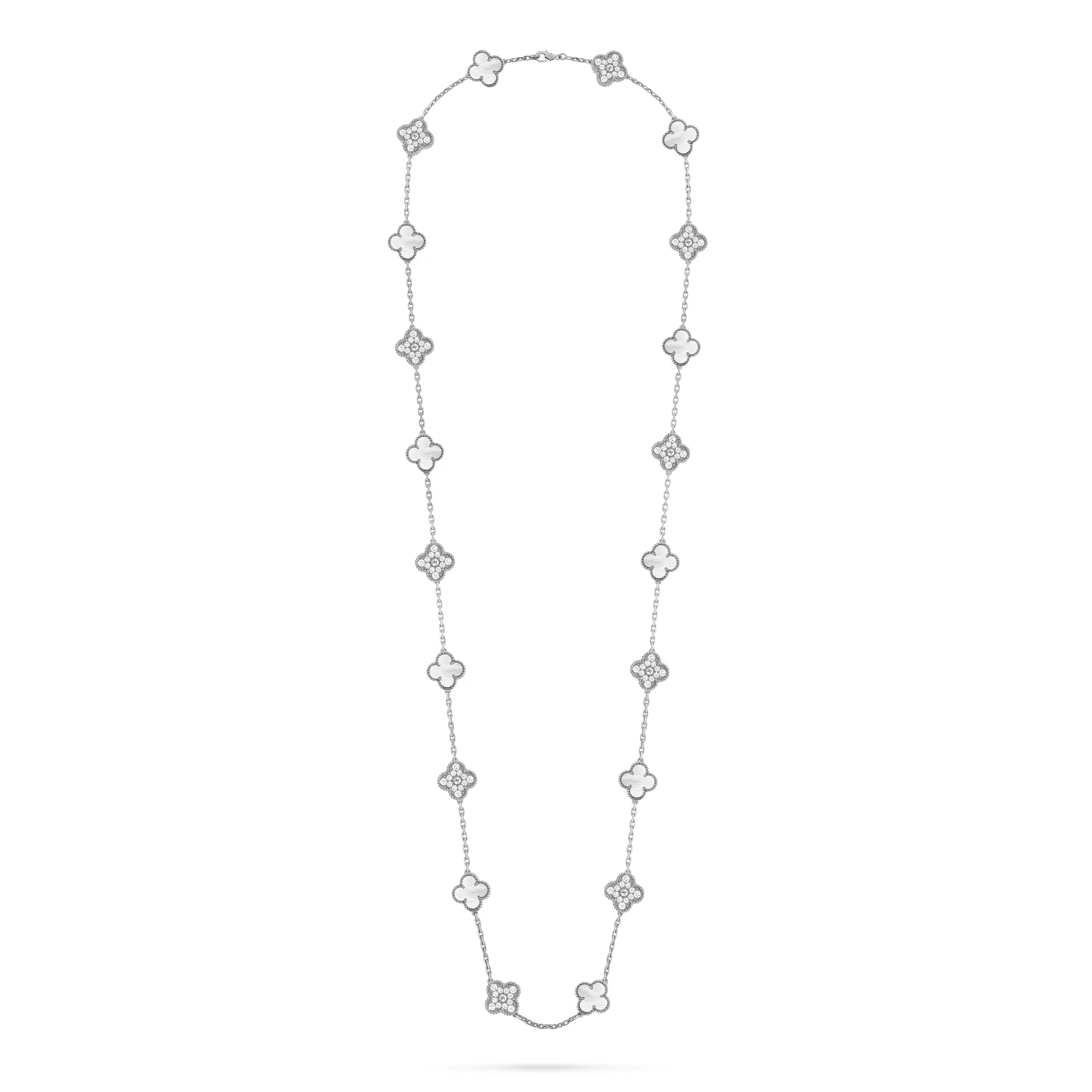 VCT018 VCA White mother of pearl with Diamond Vintage Alhambra long necklace 20 motifs bracelet earring clip jewelry set - ccfashionjewelry