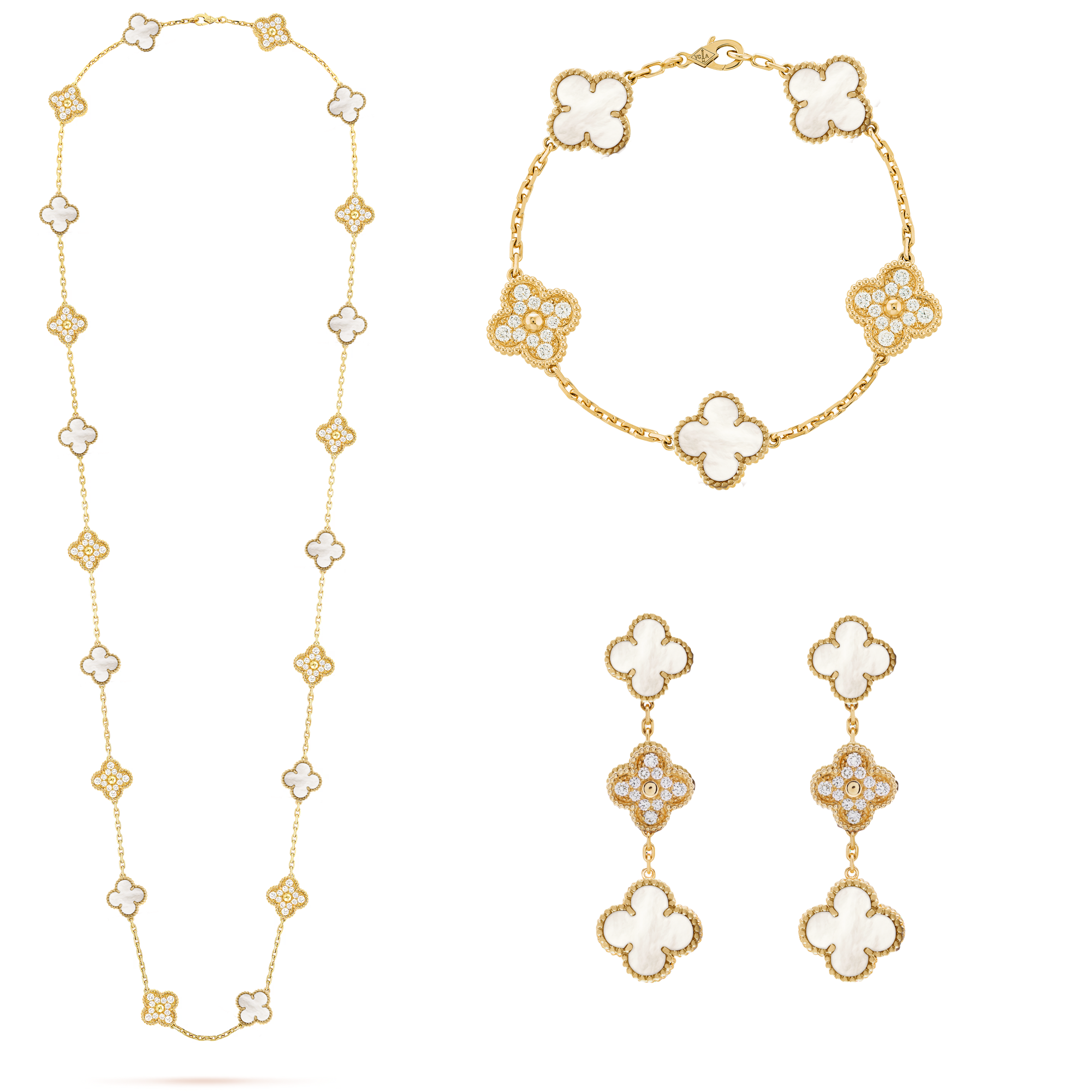 VCT018 VCA White mother of pearl with Diamond Vintage Alhambra long necklace 20 motifs bracelet earring clip jewelry set - ccfashionjewelry