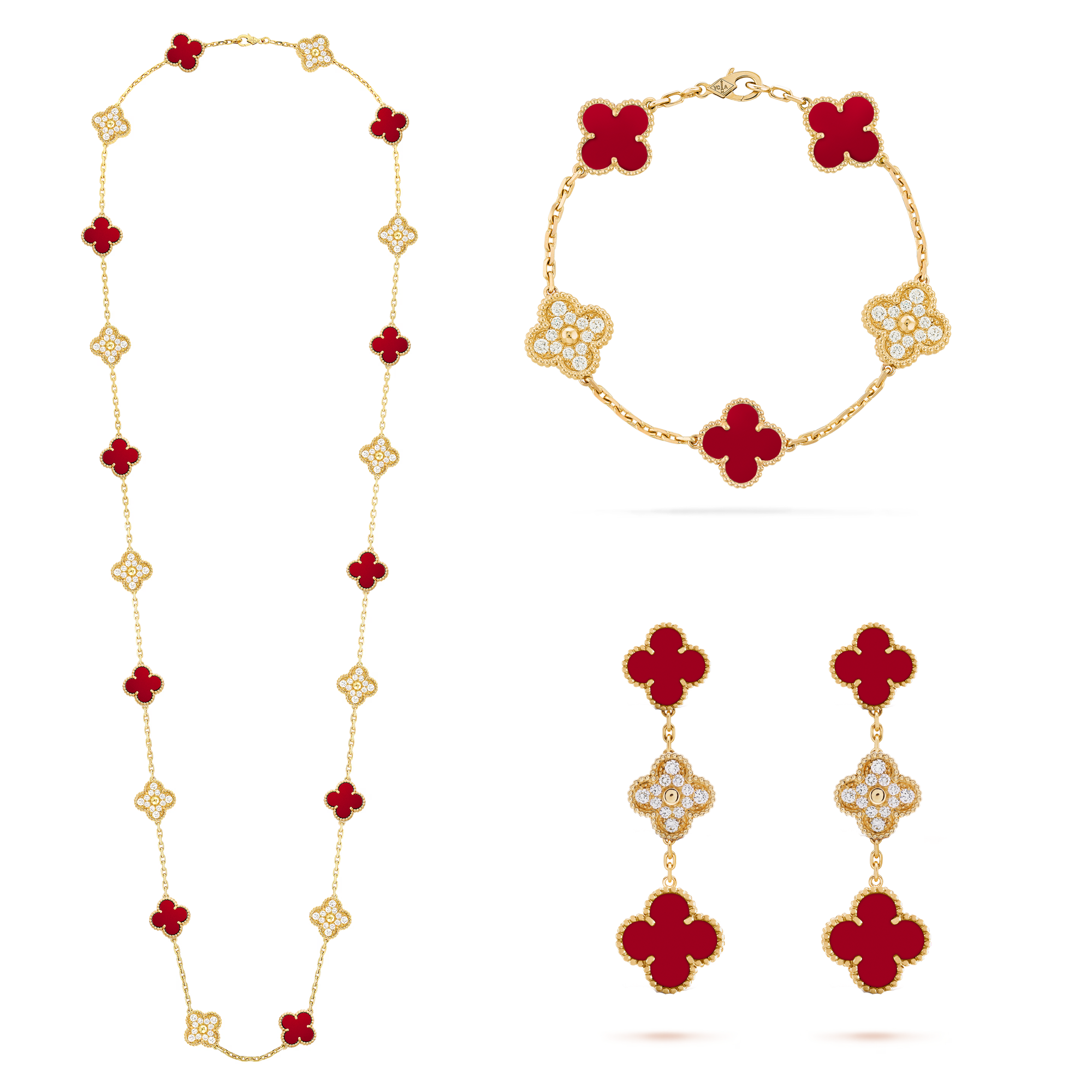 VCT015 VCA Red onyx stone Diamond Vintage Alhambra long necklace 20 motifs bracelet earring clip jewelry set - ccfashionjewelry