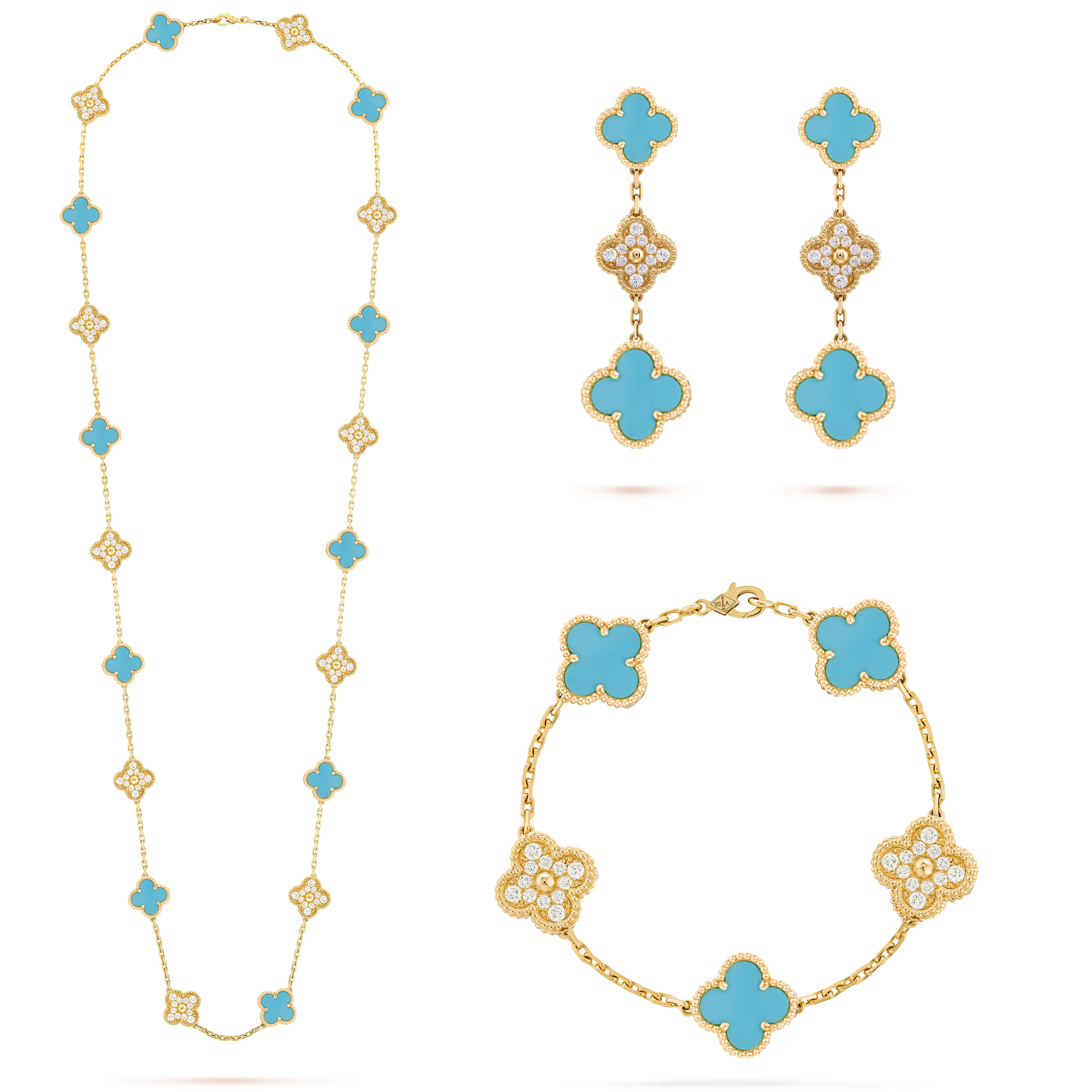 VCT016 VCA Blue turquoise stone Diamond Vintage Alhambra long necklace 20 motifs bracelet earring clip jewelry set - ccfashionjewelry