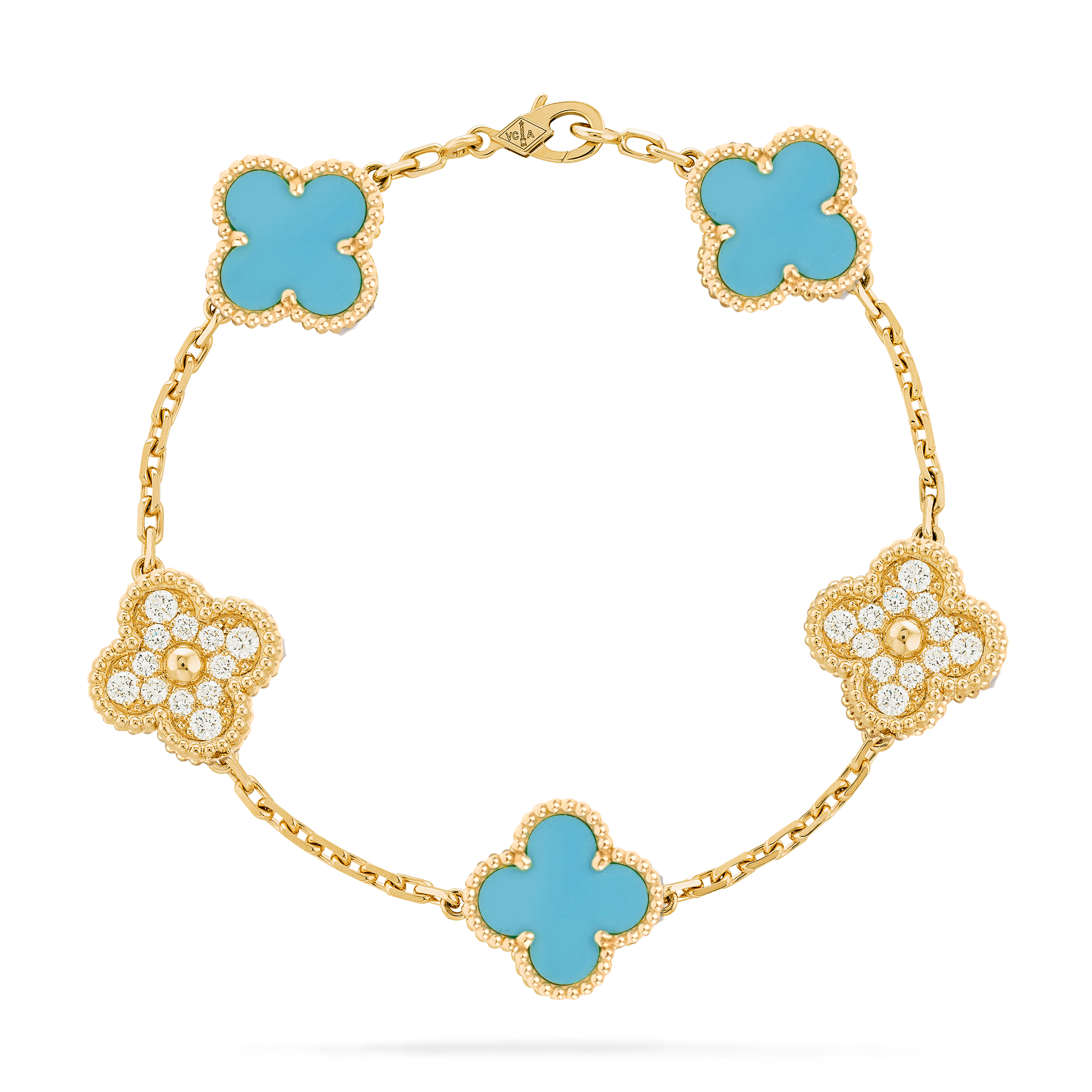 VCT016 VCA Blue turquoise stone Diamond Vintage Alhambra long necklace 20 motifs bracelet earring clip jewelry set - ccfashionjewelry
