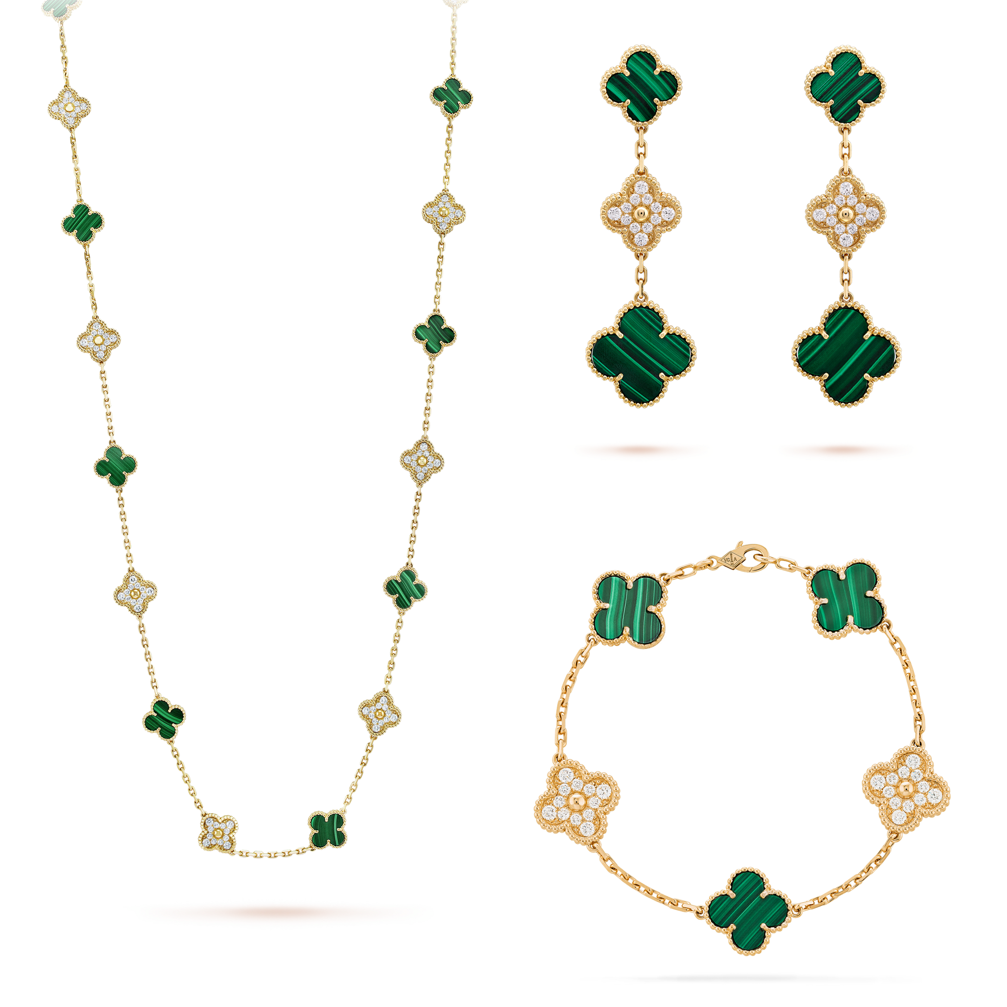 VCT013 VCA Green peacock stone Diamond Vintage Alhambra long necklace 20 motifs bracelet earring clip jewelry set - ccfashionjewelry