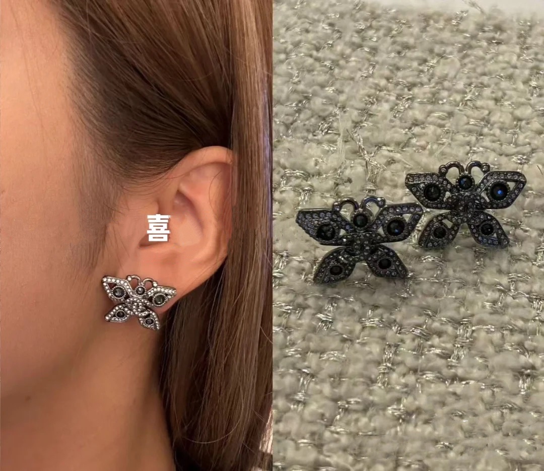 CCE348 Chanel 25 black crystal butterfly stud earrings for women - ccjewelryacc