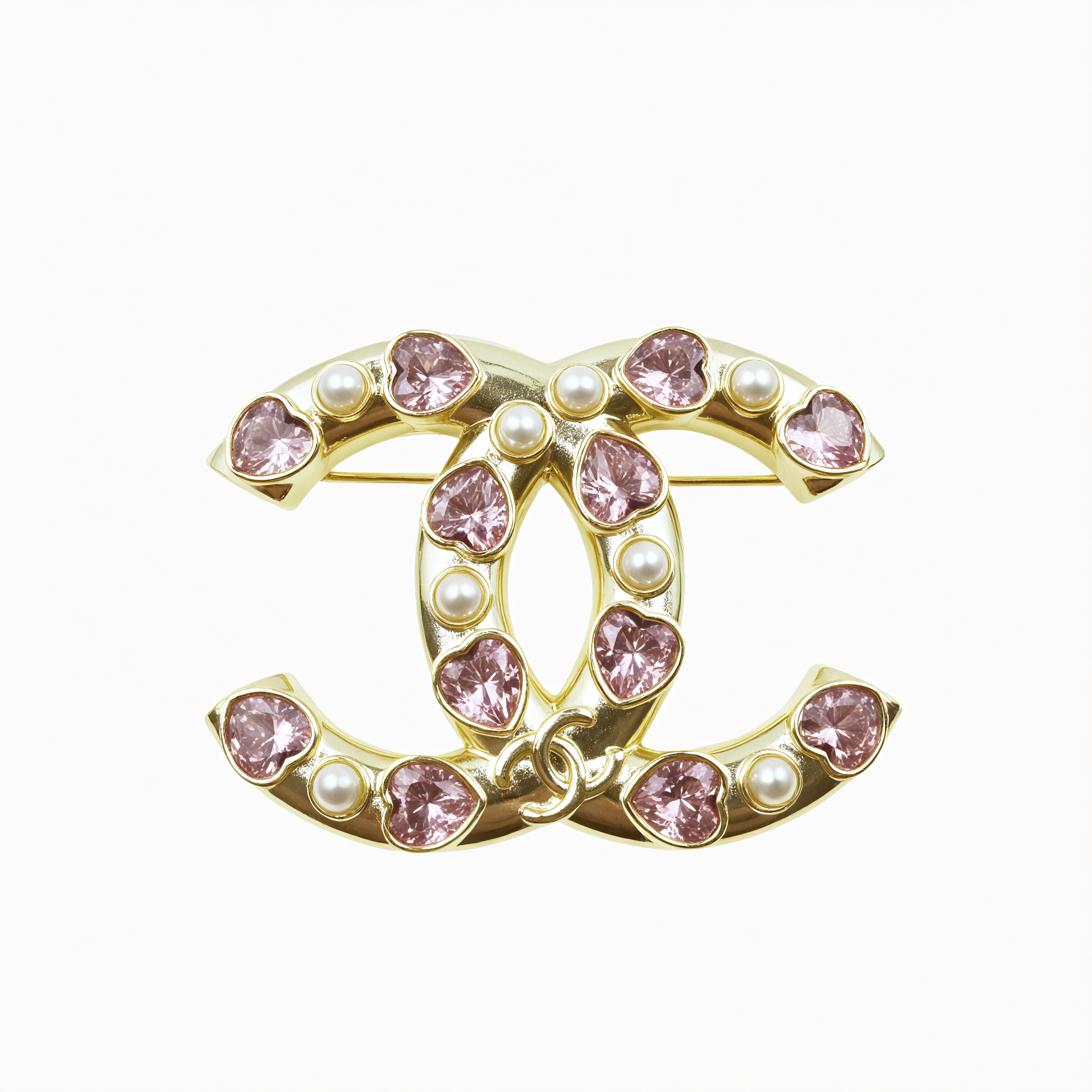 BCB169 Pink heart rhinestone CC logo brooch pin - ccfashionjewelry