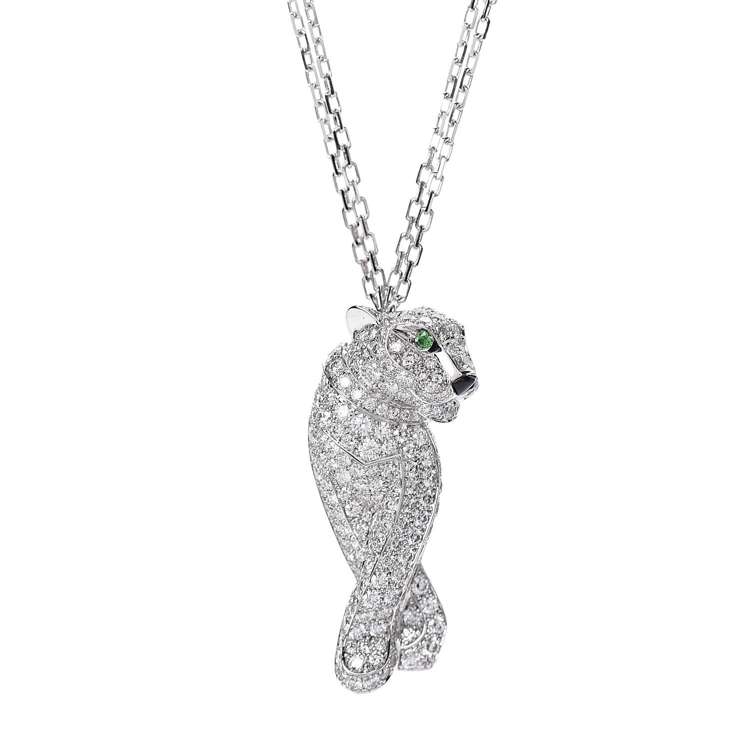 CTNV032 18K White Gold Diamond Onyx Emerald Panthere De Cartier Pendant Necklace - ccfashionjewelry
