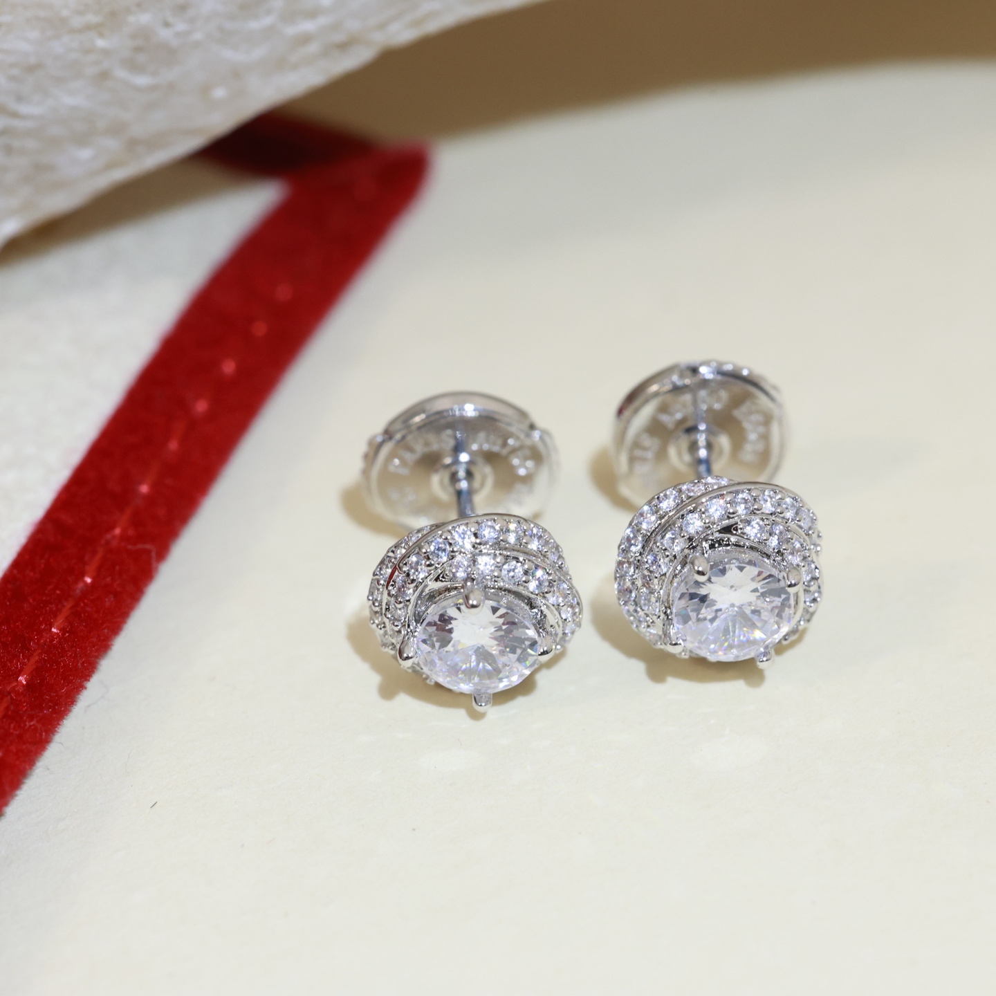 CTEV046 18k TRINITY WHITE GOLD EARRINGS, CLASSIC MODEL, FULL-PAVED - ccjewelryacc