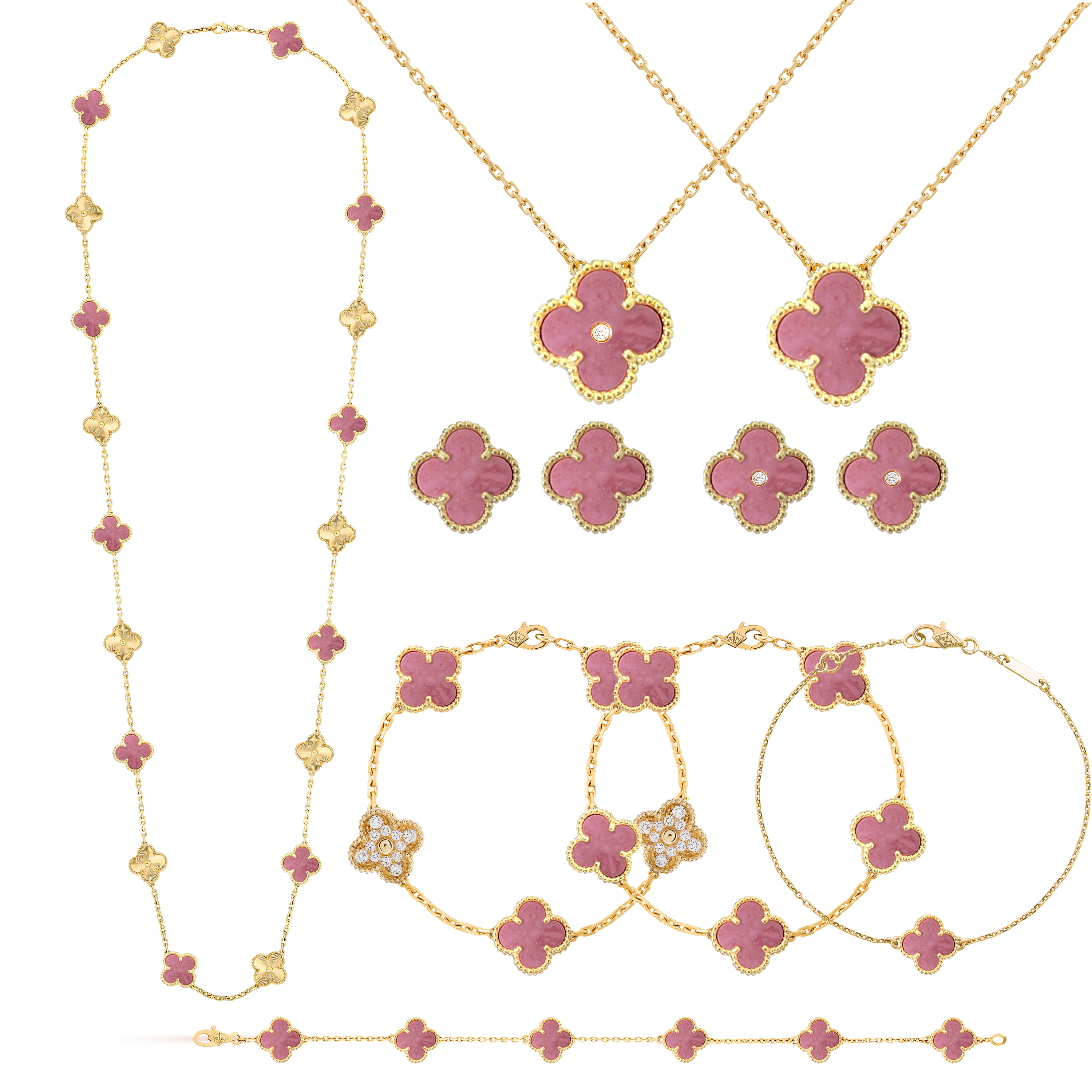 VCT020 VCA rhodonite stone Vintage Alhambra long necklace 20 motifs Pendant bracelet earring clip jewelry set - ccjewelryacc