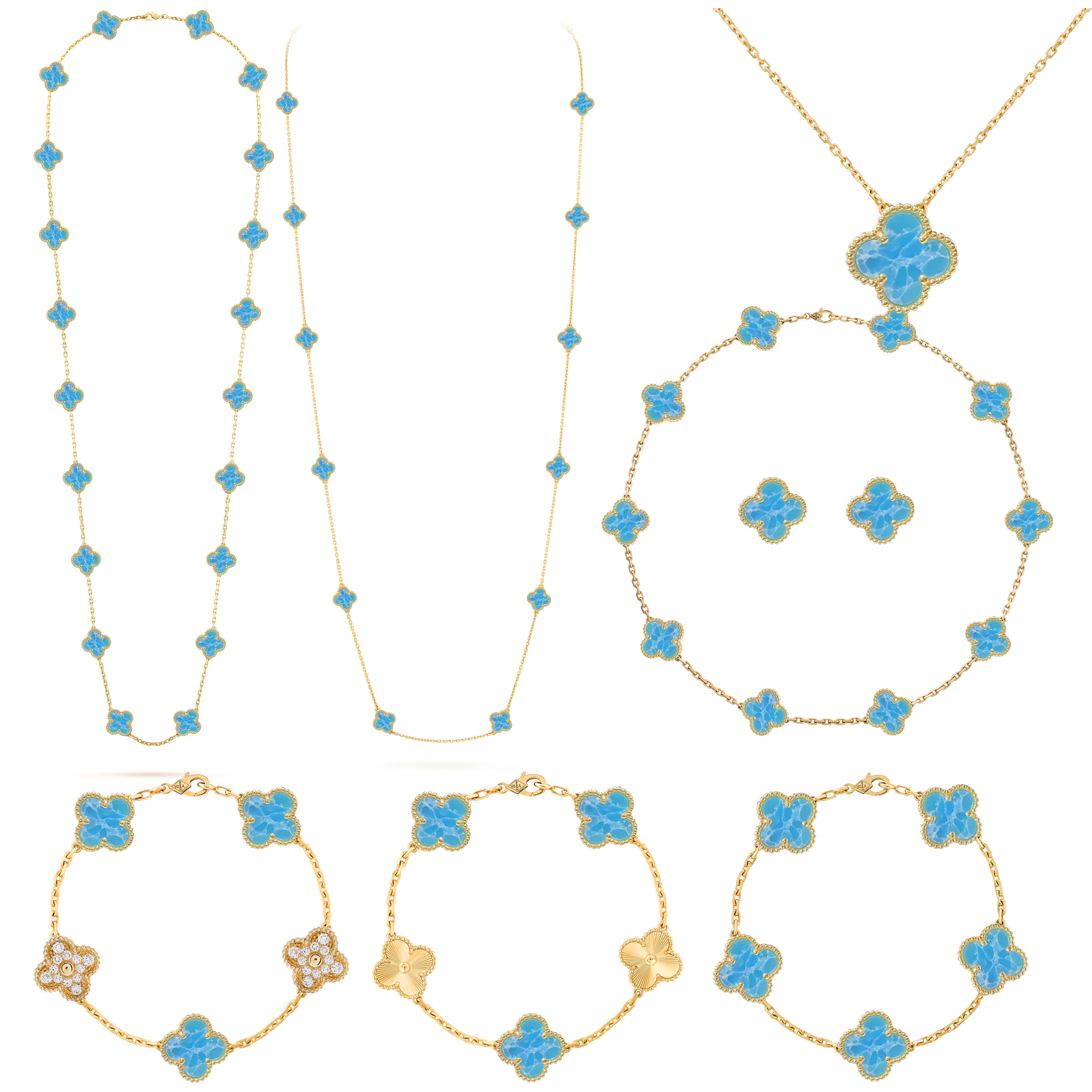 VCT019 VCA larimar stone Vintage Alhambra long necklace 20 motifs 16 motifs bracelet earring clip jewelry set - ccjewelryacc