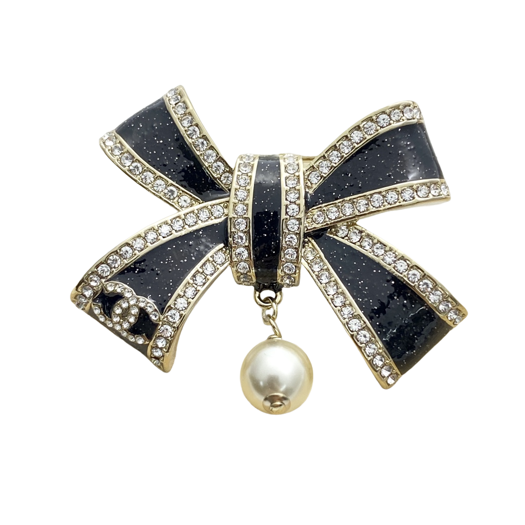 BCB589 Chanel Black-Gold & Pink Bow brooch pin - ccjewelryacc