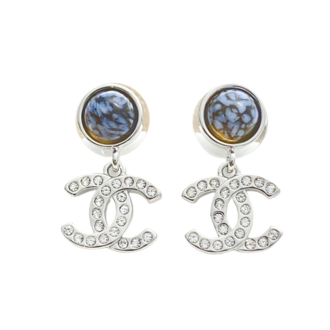 CCE356 Chanel minium blue crystal cc logo drop earrings - ccjewelryacc