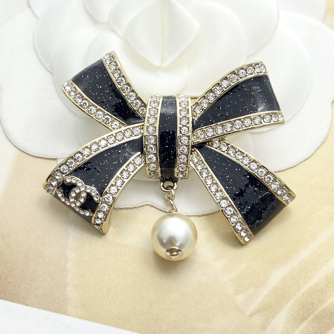 BCB589 Chanel Black-Gold & Pink Bow brooch pin - ccjewelryacc