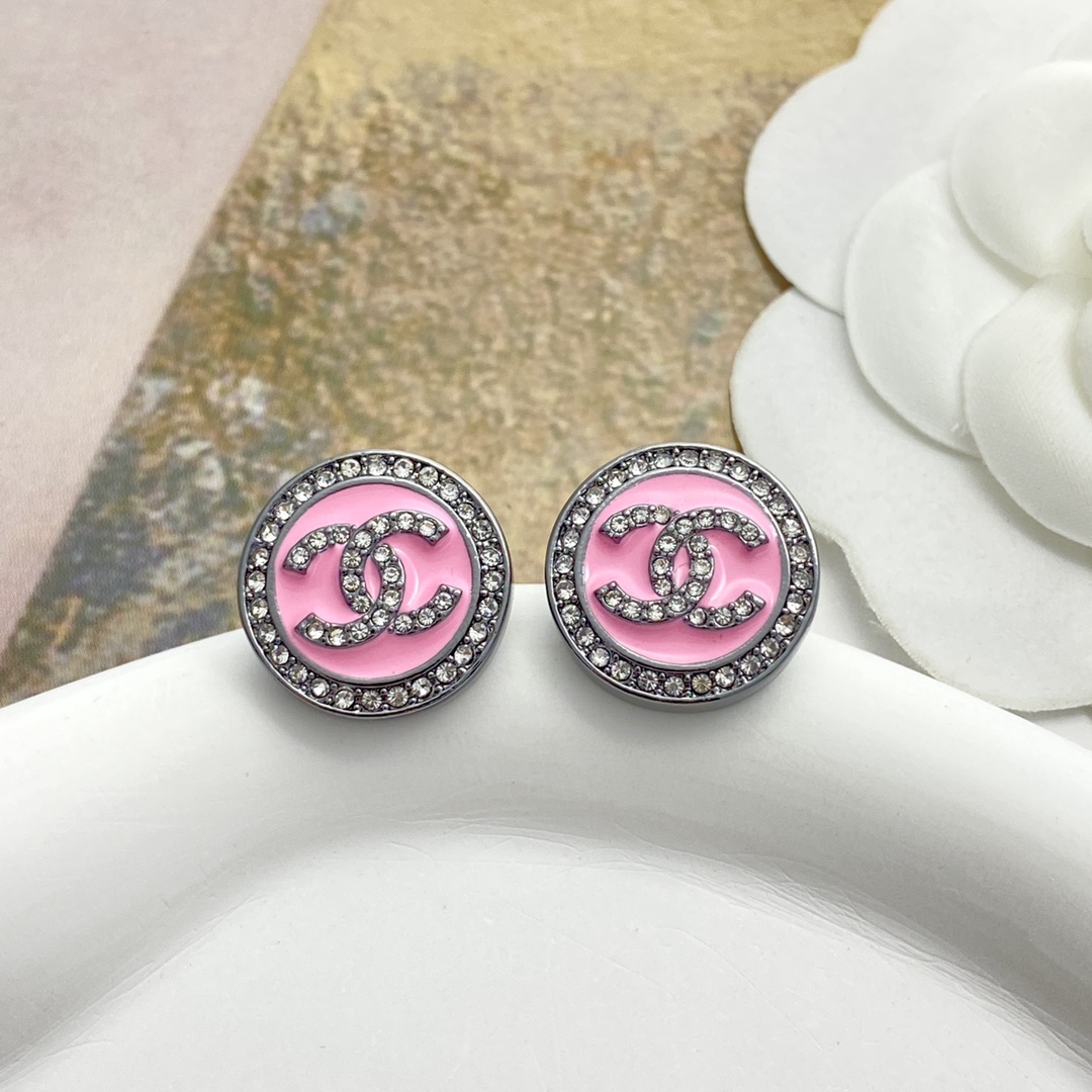 CCE358 Chanel Pink enamel stud earrings with black finish - ccjewelryacc