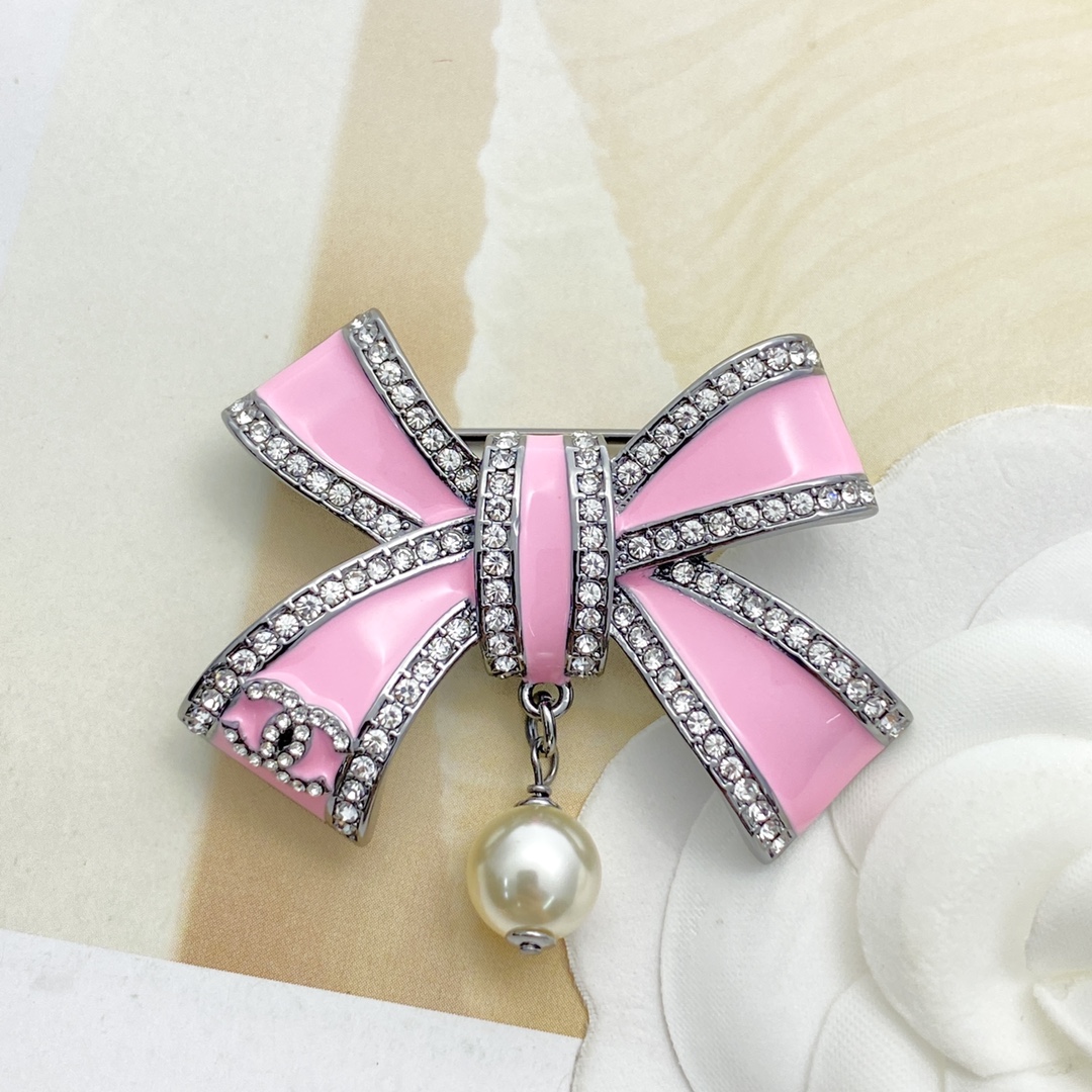 BCB589 Chanel Black-Gold & Pink Bow brooch pin - ccjewelryacc