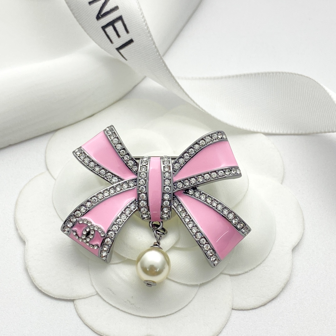 BCB589 Chanel Black-Gold & Pink Bow brooch pin - ccjewelryacc