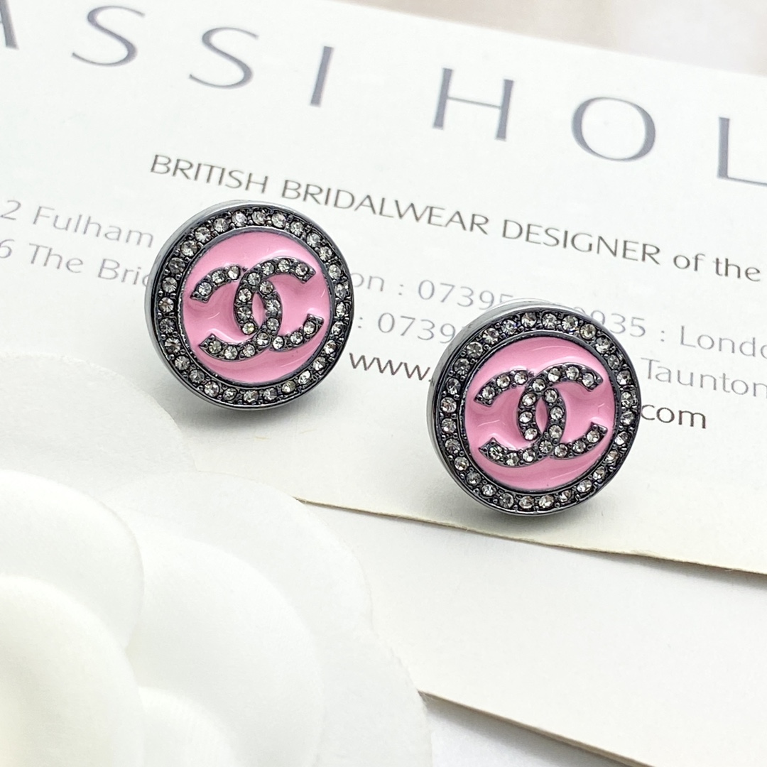 CCE358 Chanel Pink enamel stud earrings with black finish - ccjewelryacc
