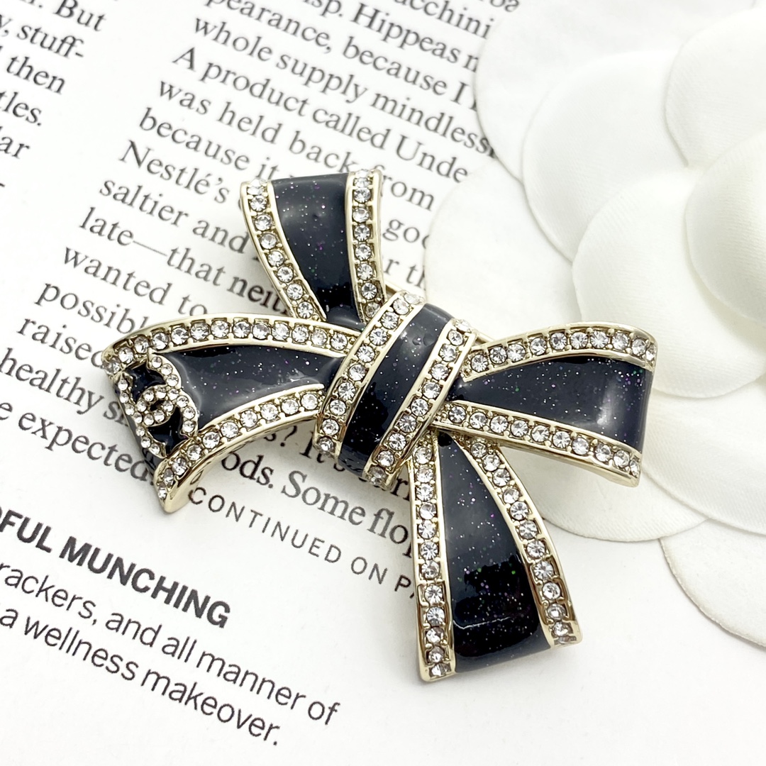 BCB589 Chanel Black-Gold & Pink Bow brooch pin - ccjewelryacc