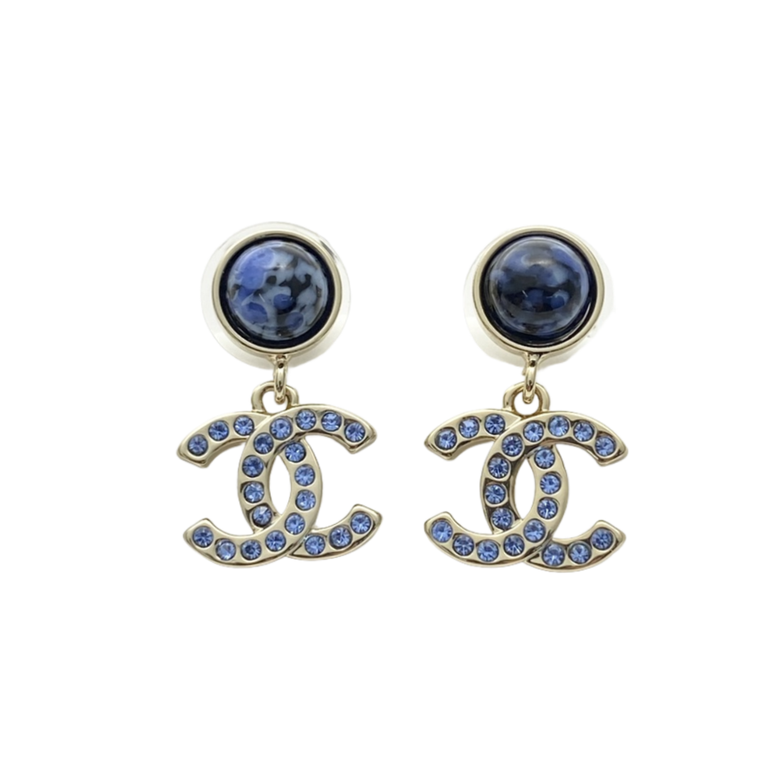 CCE356 Chanel minium blue crystal cc logo drop earrings - ccjewelryacc
