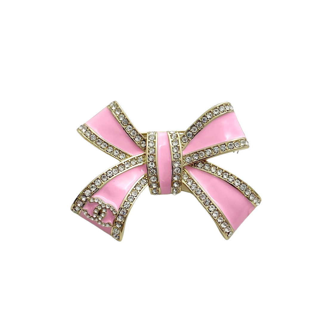 BCB589 Chanel Black-Gold & Pink Bow brooch pin - ccjewelryacc