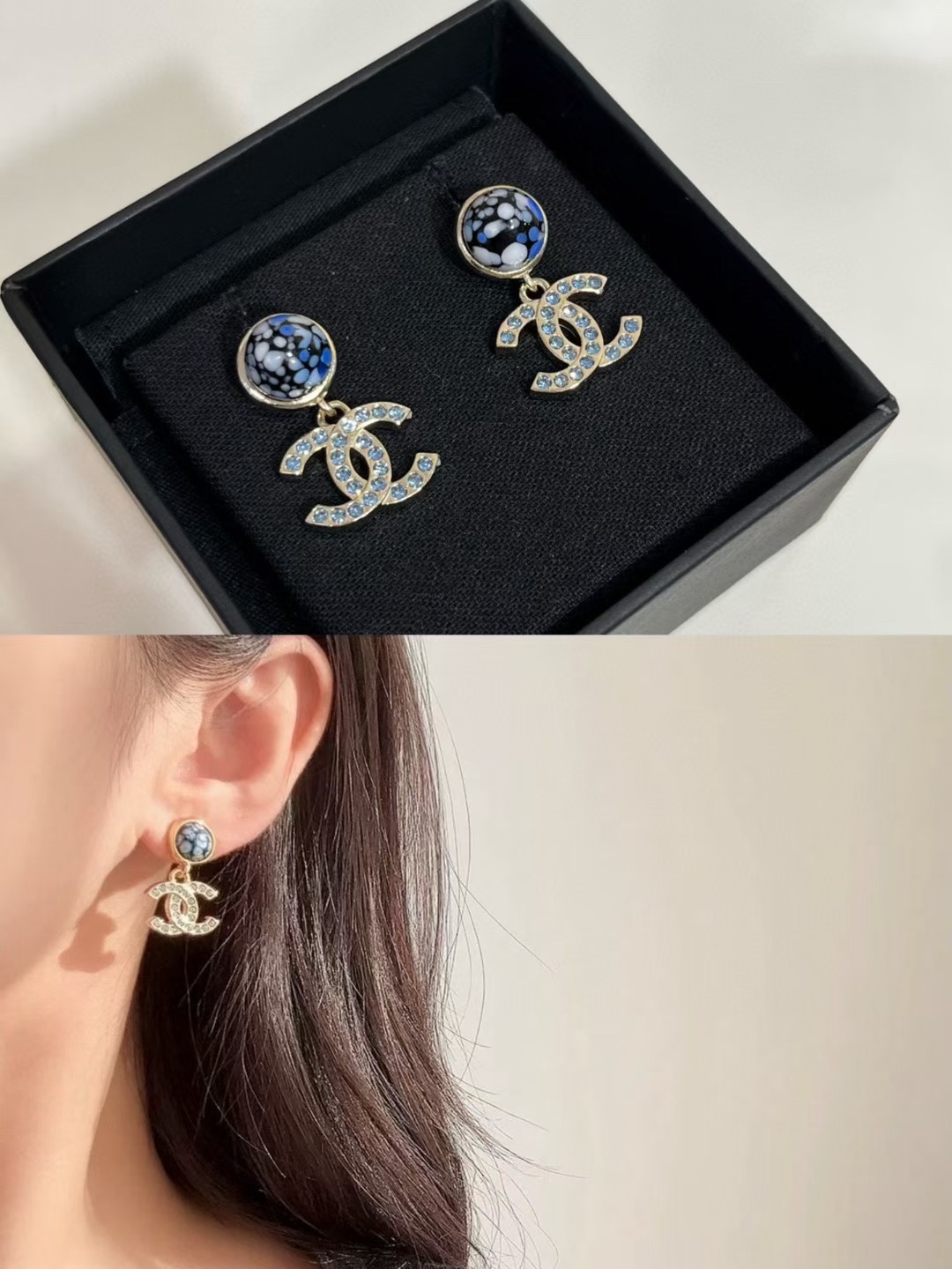 CCE356 Chanel minium blue crystal cc logo drop earrings - ccjewelryacc