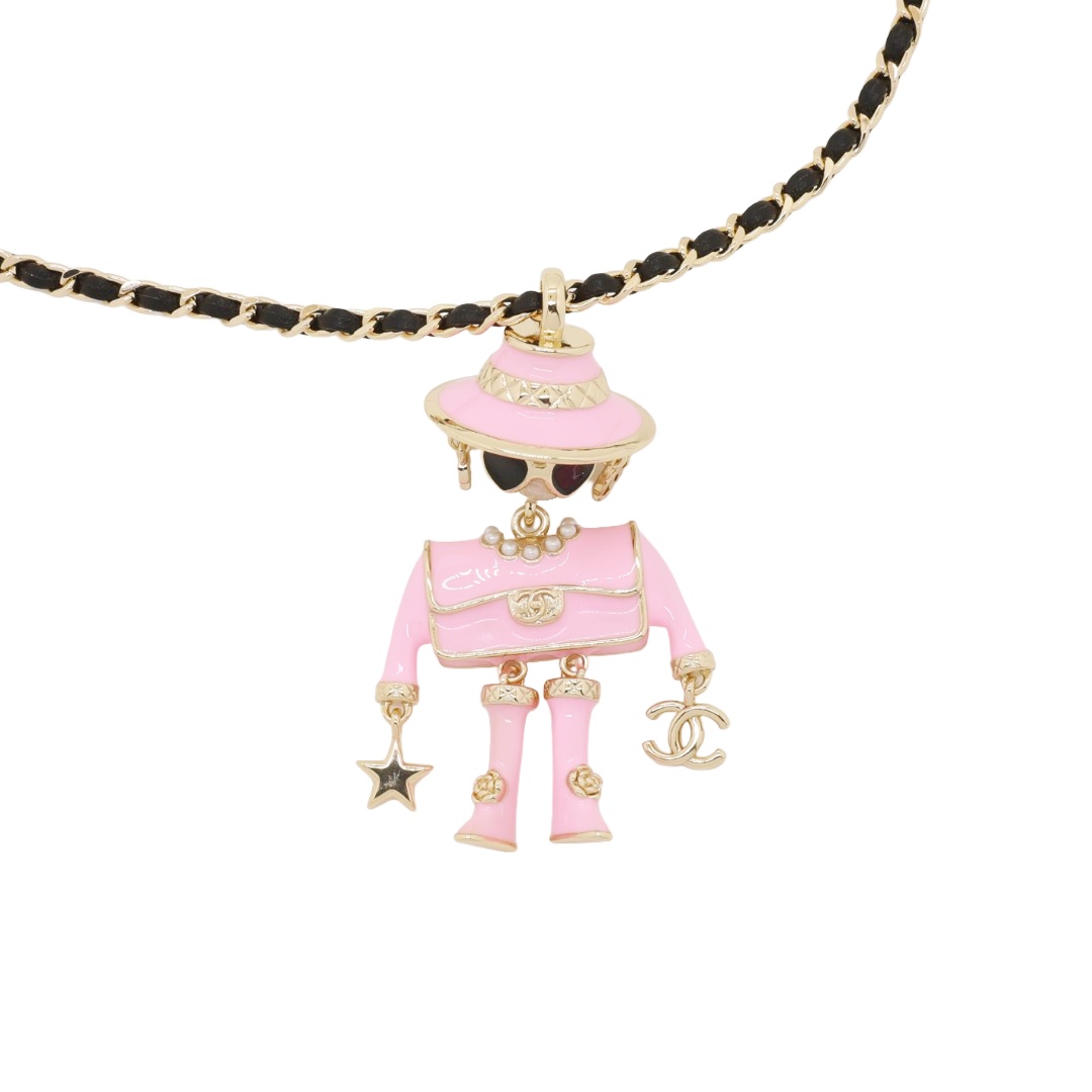 CCN038 Chanel Metal leater chain Pink carton pendant necklace - ccjewelryacc