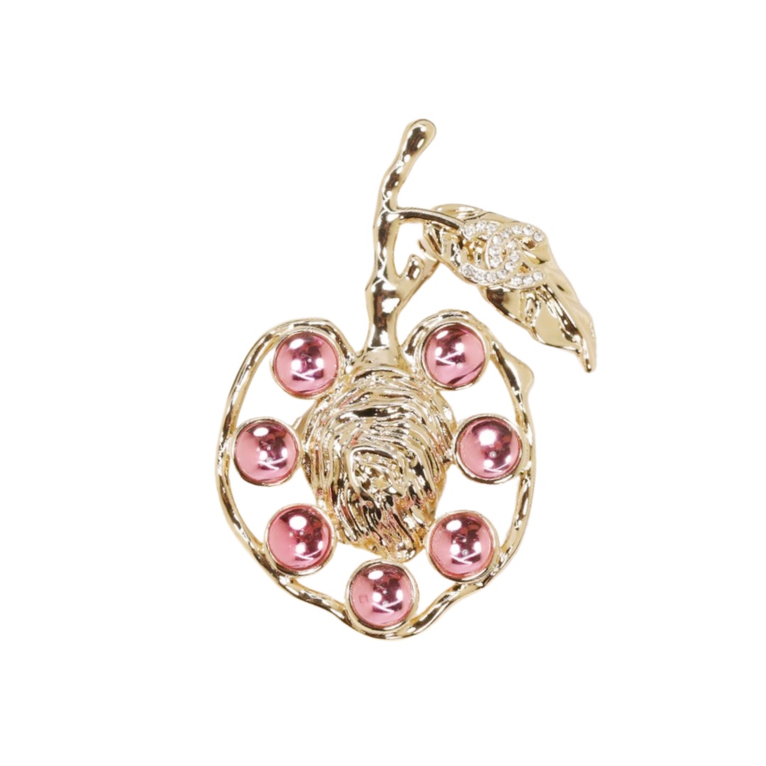 BCB600 Chanel light gold, hollow-out watermelon pink crystal leaf brooch - ccjewelryacc