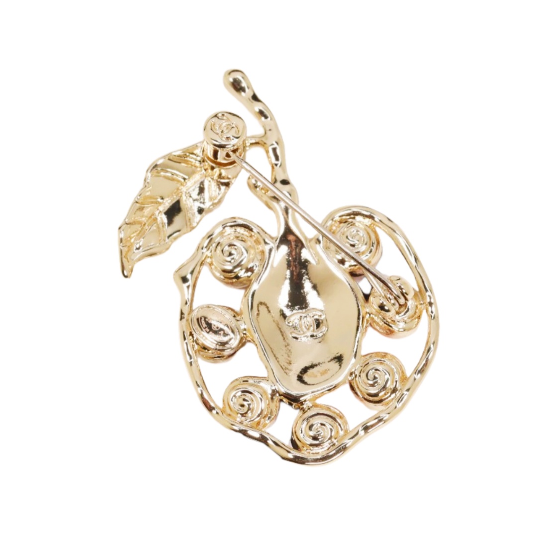 BCB600 Chanel light gold, hollow-out watermelon pink crystal leaf brooch - ccjewelryacc