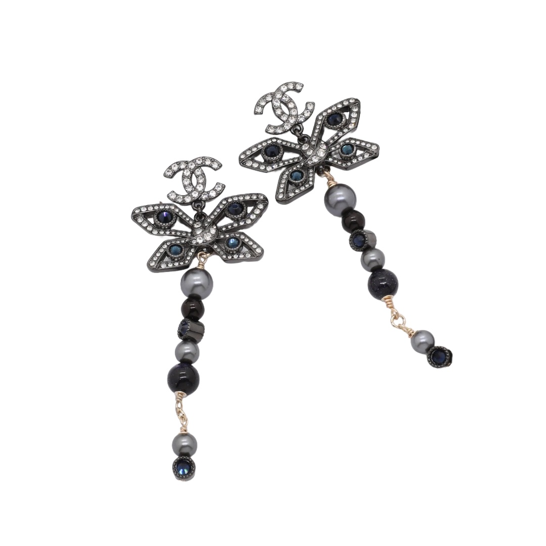 CCE360 Chanel gun black crystal butterfly dangle earrings for women - ccjewelryacc