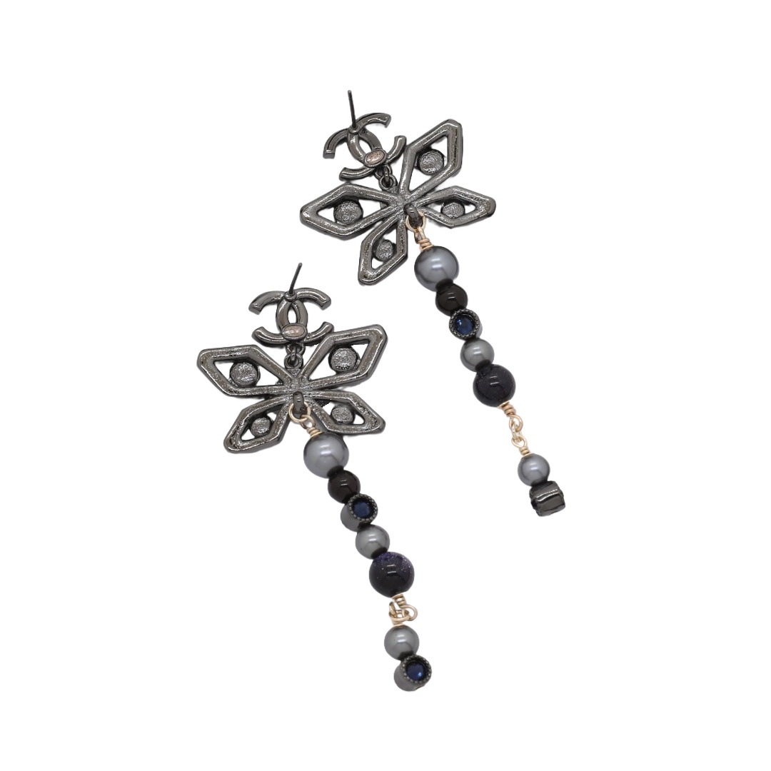 CCE360 Chanel gun black crystal butterfly dangle earrings for women - ccjewelryacc