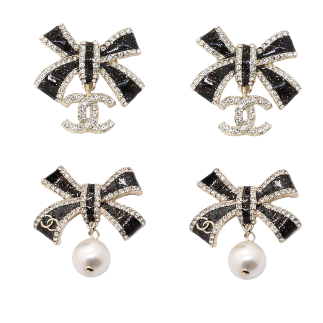 CCE366 Chanel black enamel bow pearl drop earrings for women - ccjewelryacc