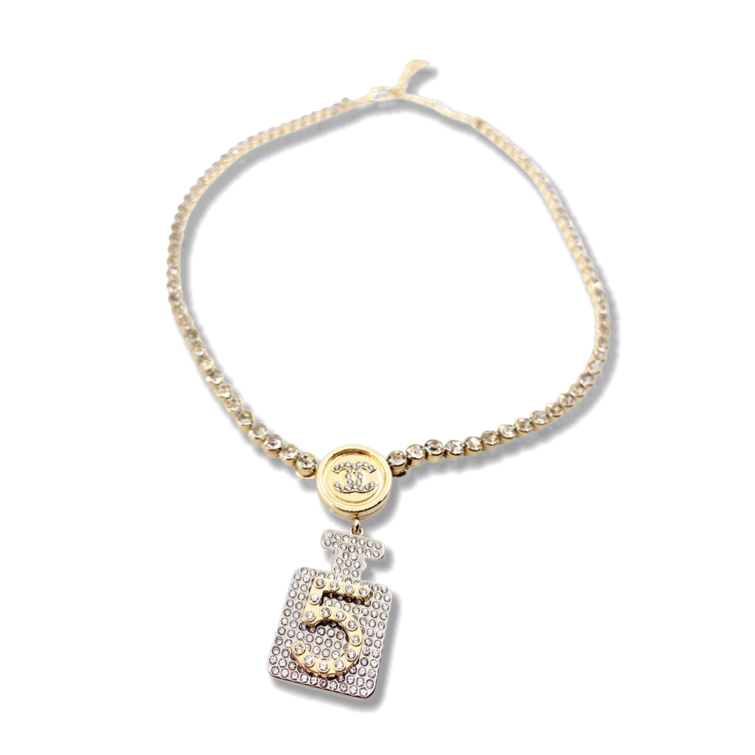 CCN054 Chanel sparkling crystal tennis chain perfume bottle pendant necklace for women - ccjewelryacc