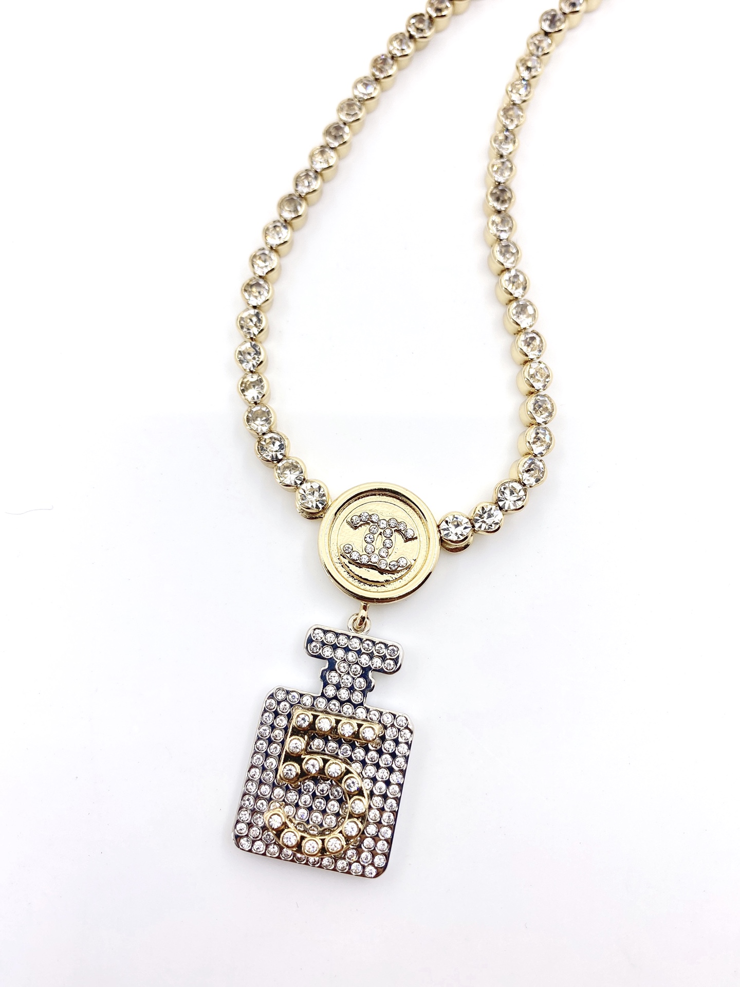 CCN054 Chanel sparkling crystal tennis chain perfume bottle pendant necklace for women - ccjewelryacc
