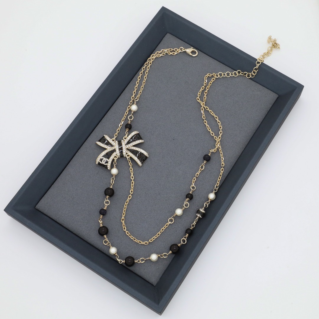 CCN173 Chanel black enamel bow necklace for women - ccjewelryacc