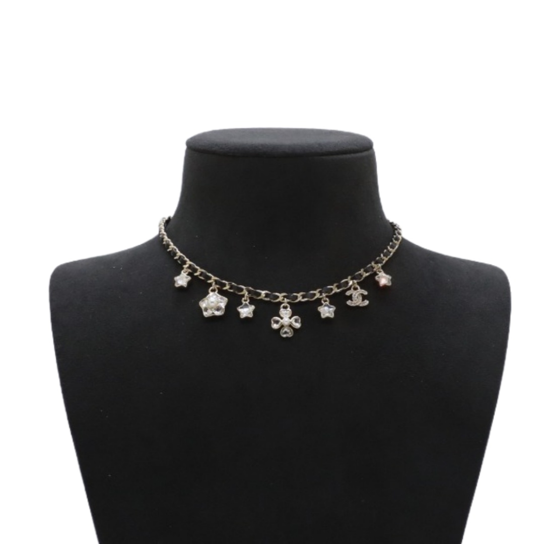 CCN151 Chanel metal leater chain crystal stars four clover charms choker necklace - ccjewelryacc