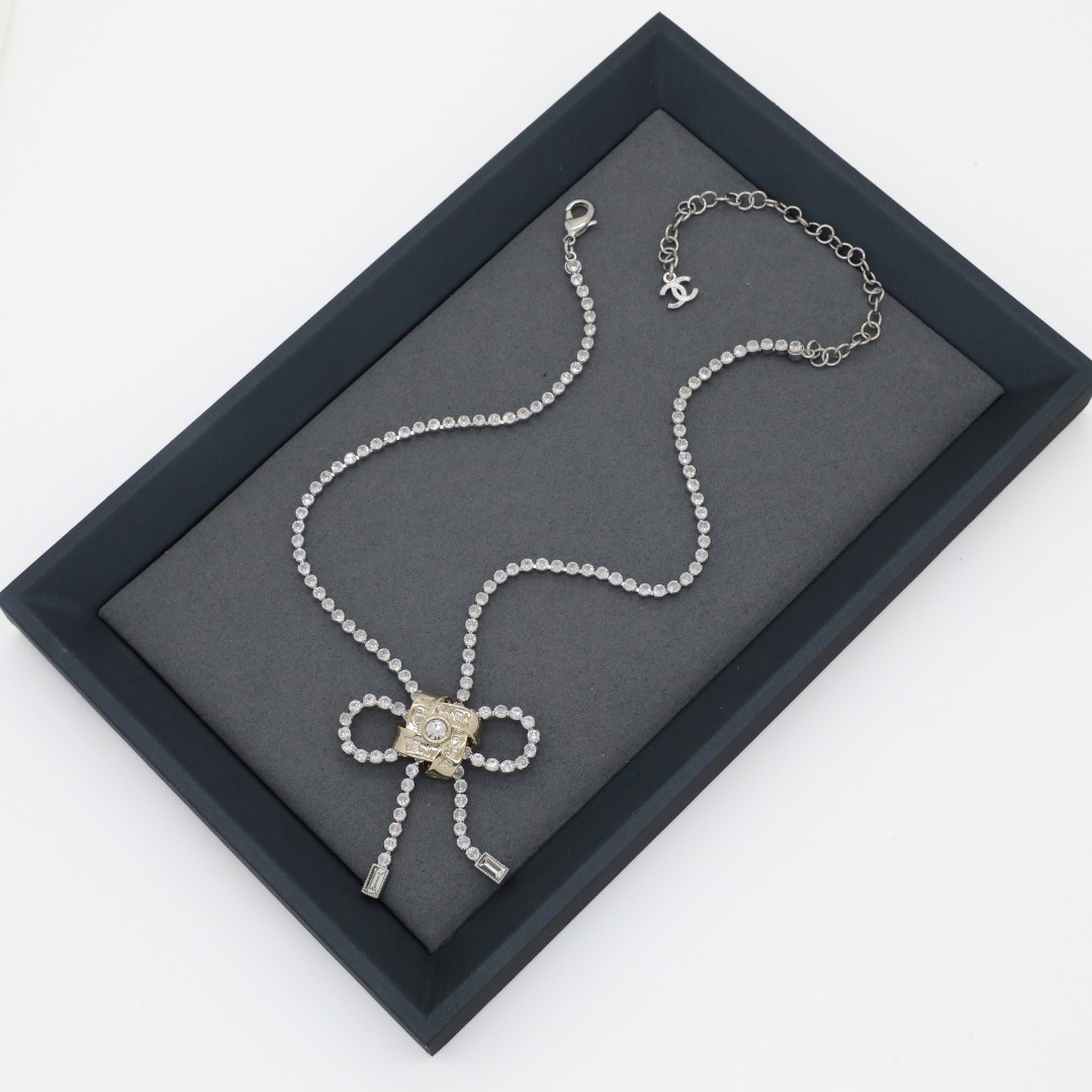 CCN059 Chanel crystal tennis chain bow choker necklace for women - ccjewelryacc