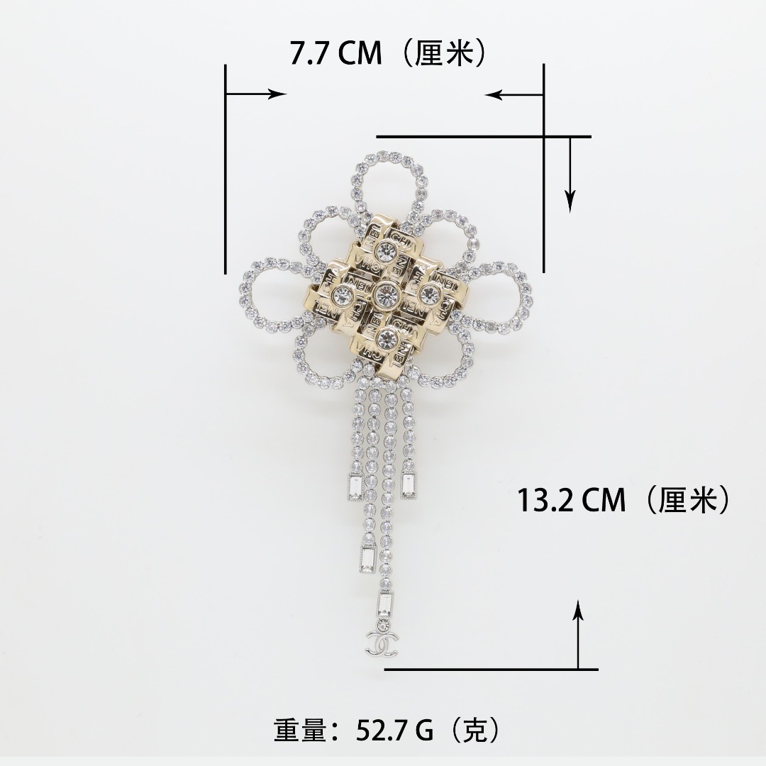 BCB602 Chanel light gold  crystal flower tassels brooch pin - ccjewelryacc