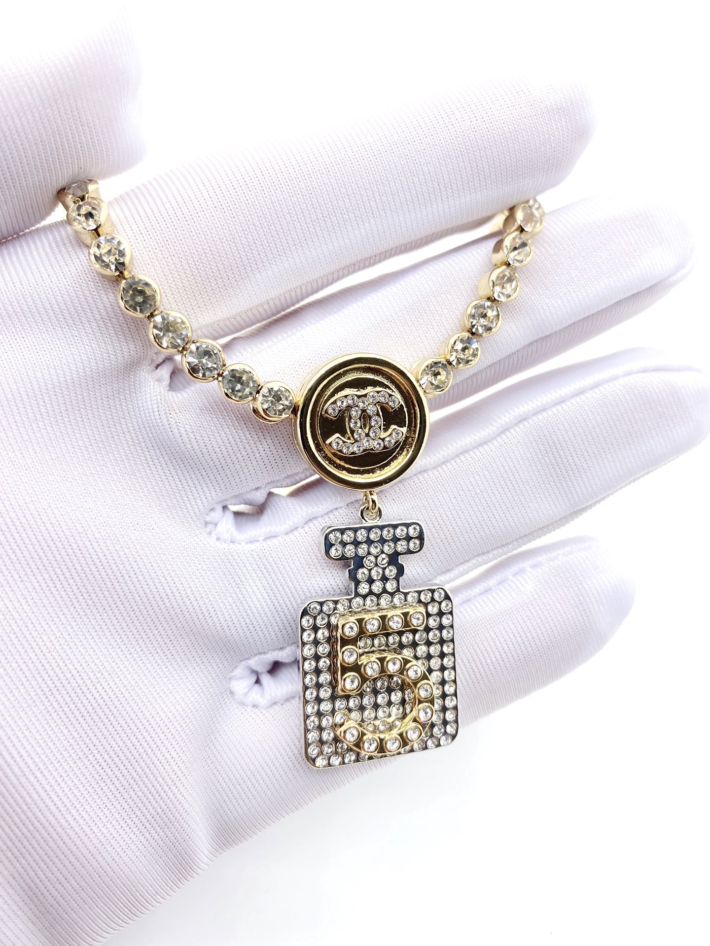 CCN054 Chanel sparkling crystal tennis chain perfume bottle pendant necklace for women - ccjewelryacc