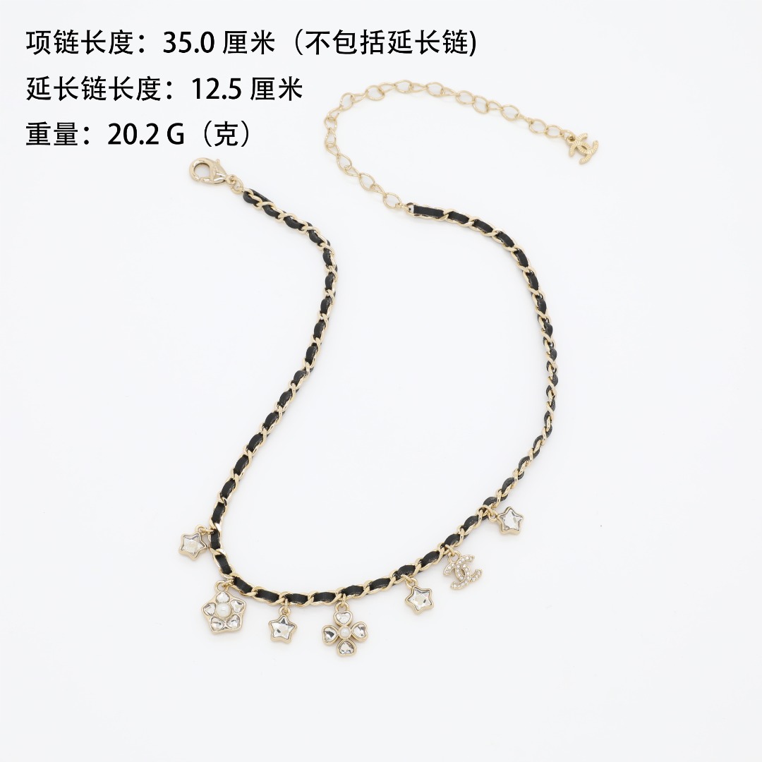 CCN151 Chanel metal leater chain crystal stars four clover charms choker necklace - ccjewelryacc