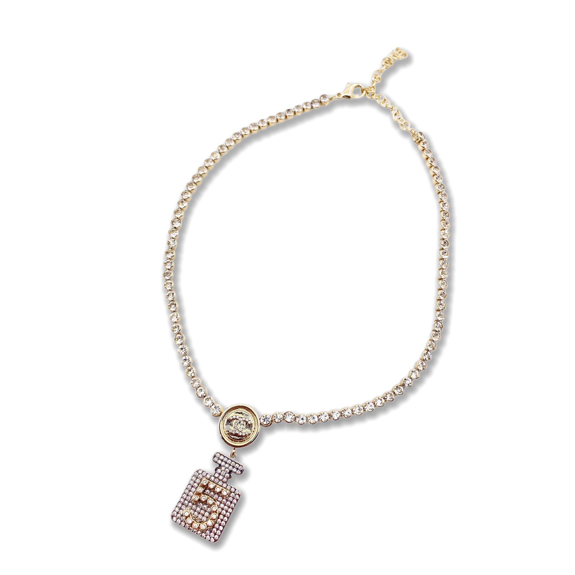 CCN054 Chanel sparkling crystal tennis chain perfume bottle pendant necklace for women - ccjewelryacc