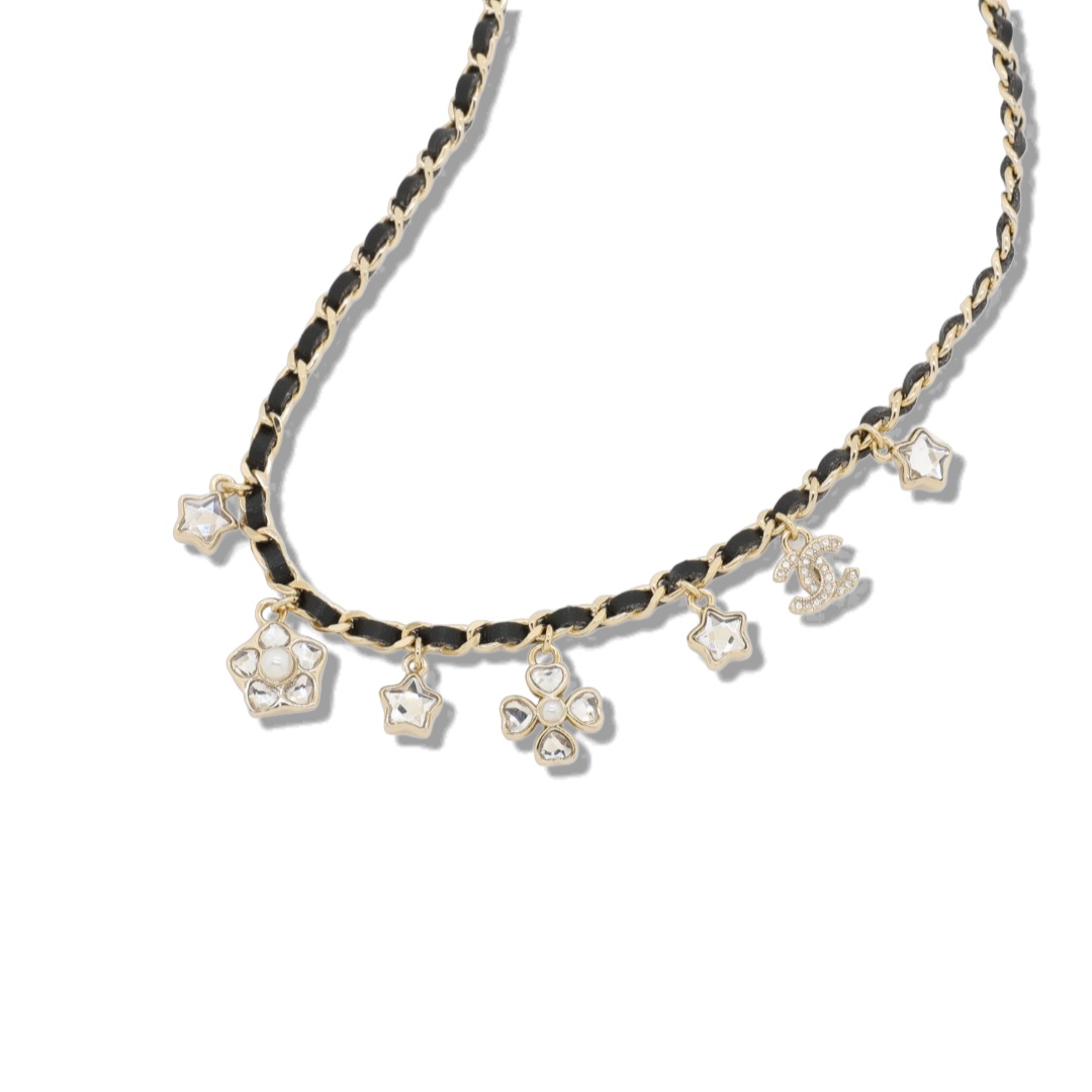 CCN151 Chanel metal leater chain crystal stars four clover charms choker necklace - ccjewelryacc
