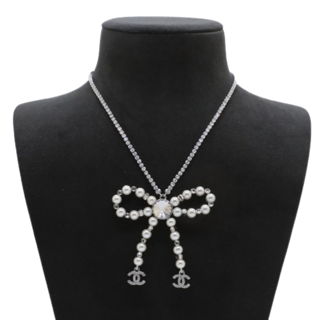 CCN221 Chanel White gold crystal pearl bow tassels necklace - ccjewelryacc
