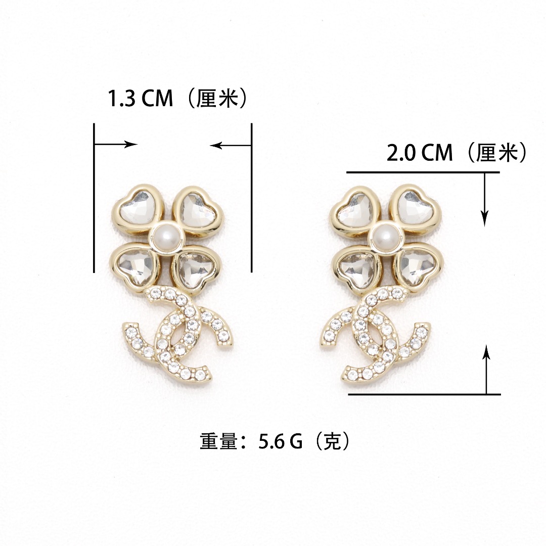 CCE367 Chanel crystal heart four clover dangle earrings for women - ccjewelryacc