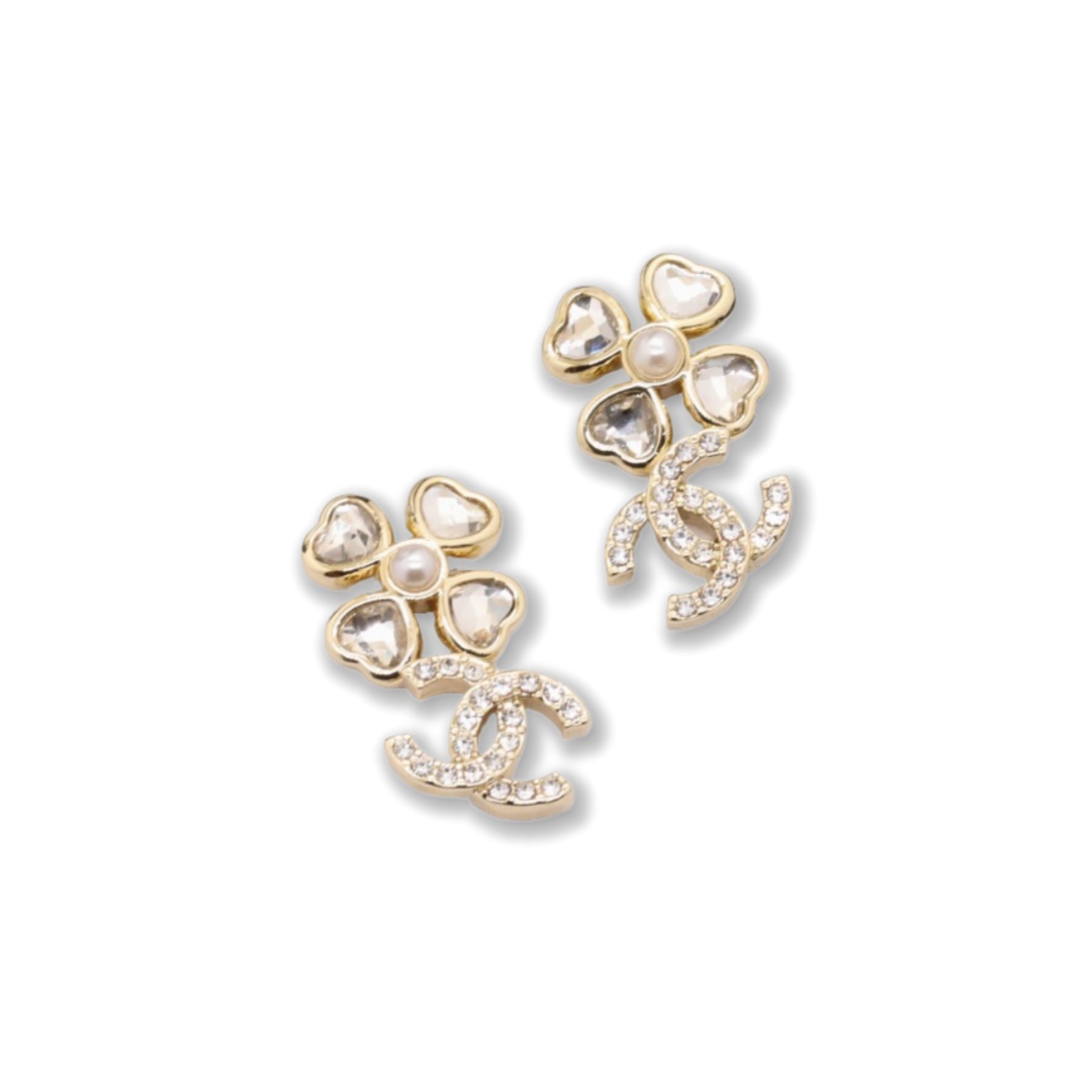 CCE367 Chanel crystal heart four clover dangle earrings for women - ccjewelryacc