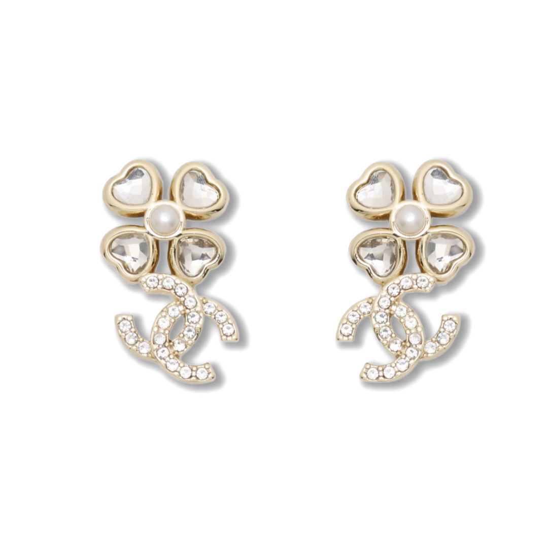 CCE367 Chanel crystal heart four clover dangle earrings for women - ccjewelryacc