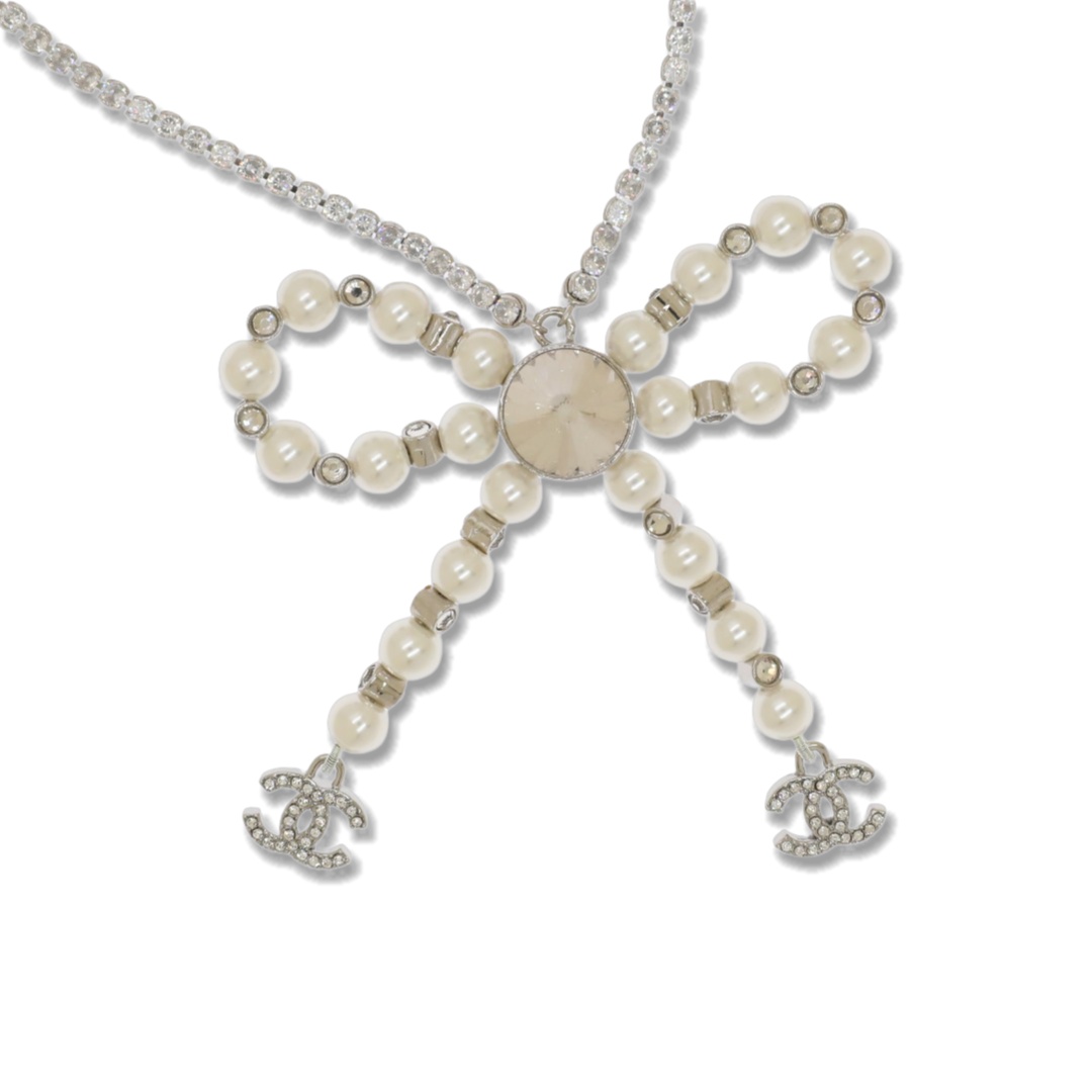 CCN221 Chanel White gold crystal pearl bow tassels necklace - ccjewelryacc