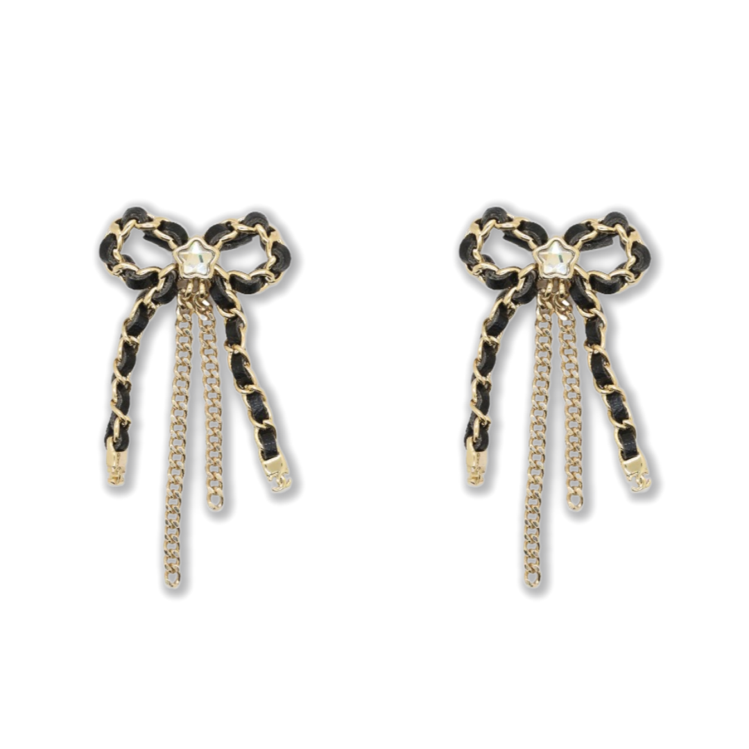 CCE368 Chanel metal and leather bow tassels earrings for women - ccjewelryacc