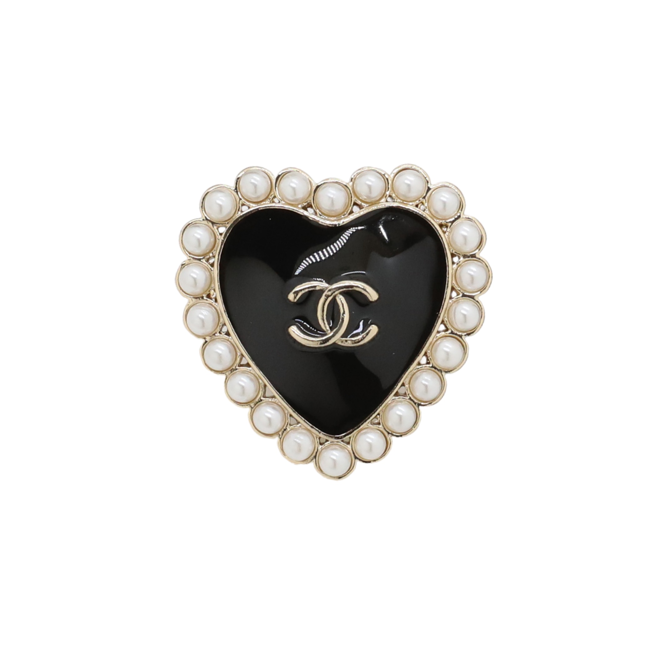 BCB603 Chanel Black enamel pearl heart brooch pin - ccjewelryacc