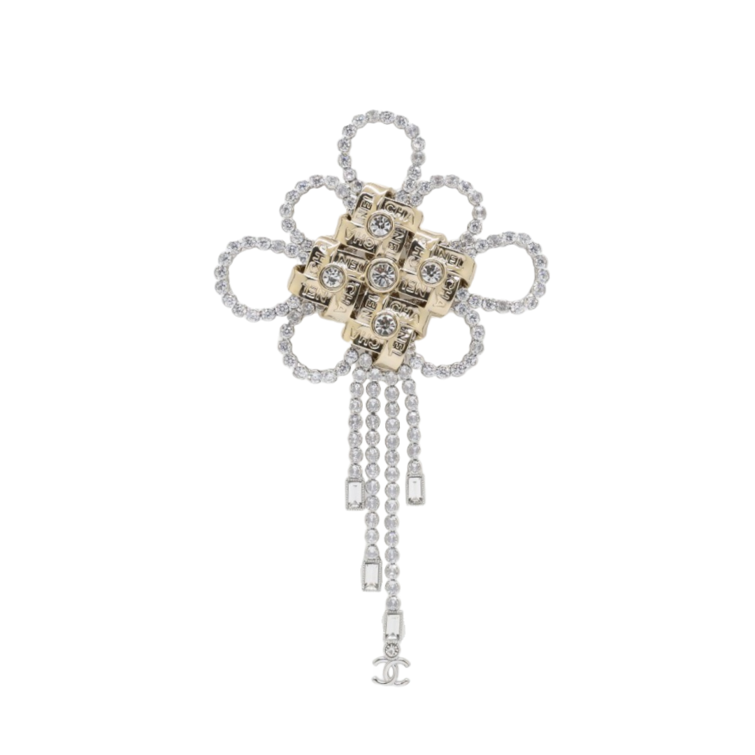 BCB602 Chanel light gold crystal flower tassels brooch pin - ccjewelryacc