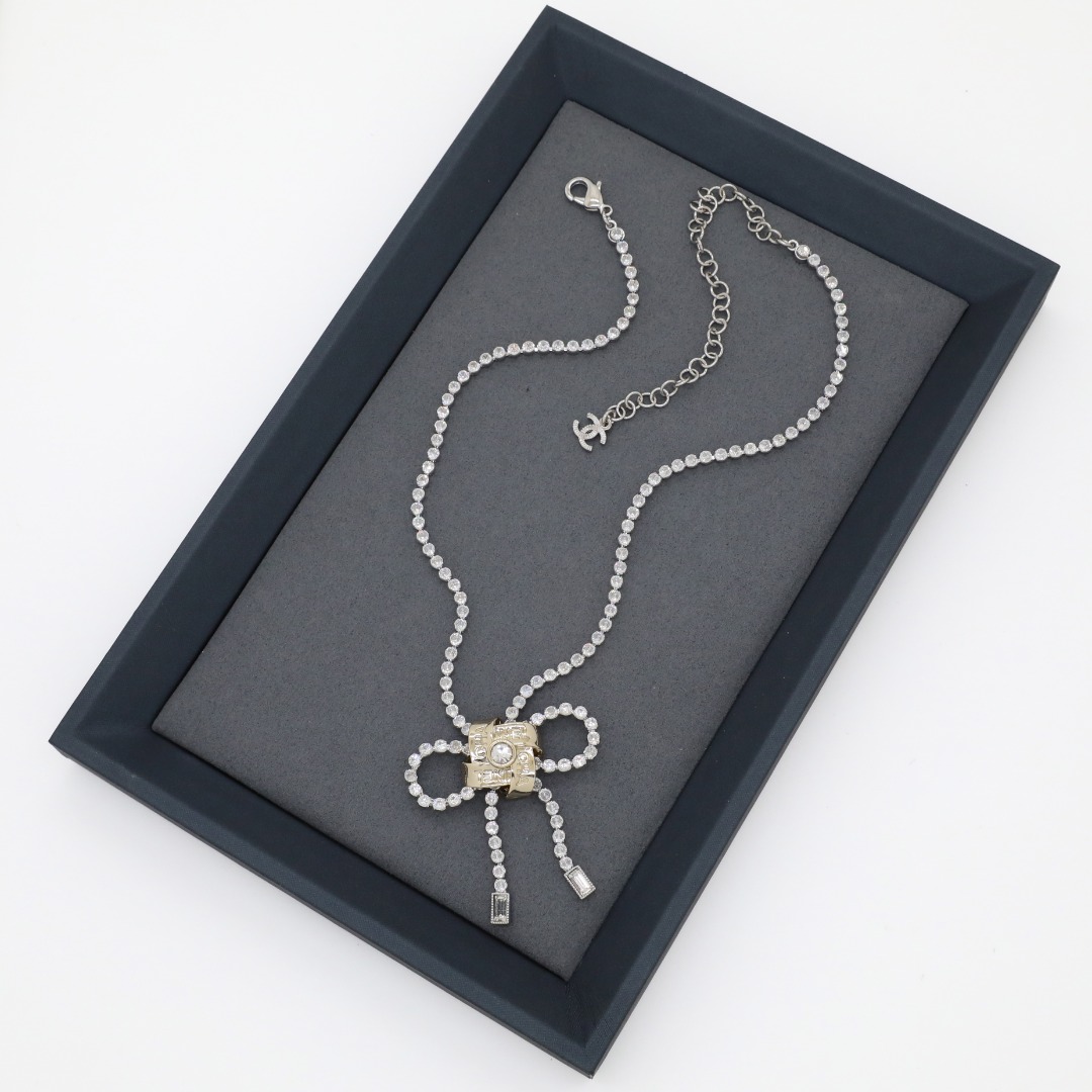 CCN059 Chanel crystal tennis chain bow choker necklace for women - ccjewelryacc